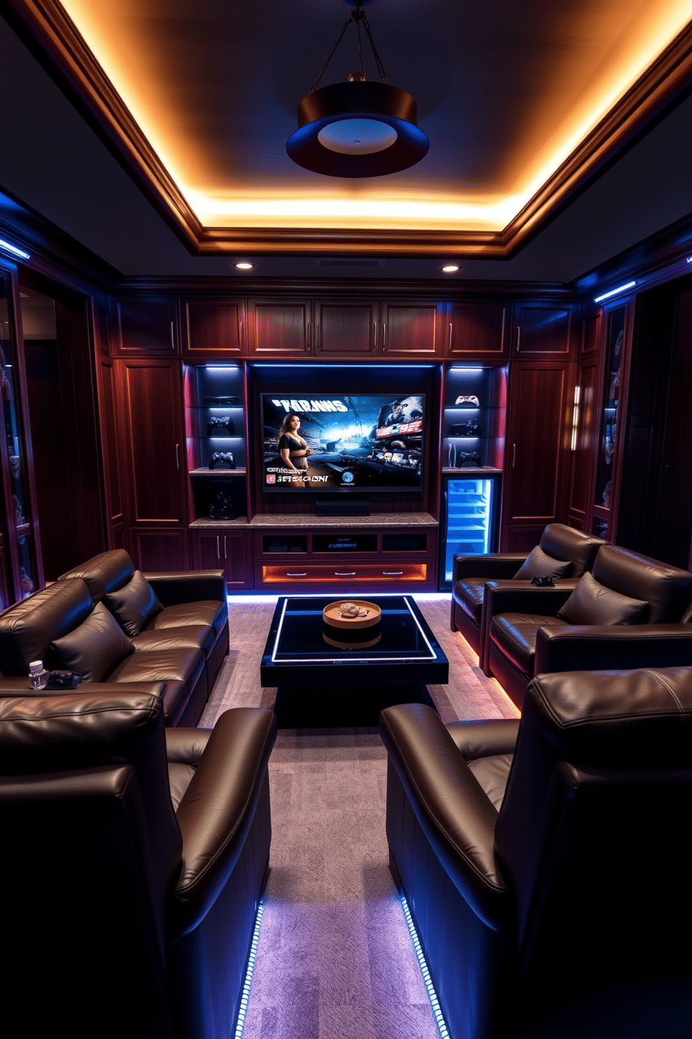 A luxurious man cave featuring mood lighting with smart home integration. The space includes plush leather seating arranged around a sleek coffee table, with ambient LED lights illuminating the room's edges. A large flat-screen TV is mounted on the wall, surrounded by custom cabinetry that houses gaming consoles and a mini-fridge. Dark wood paneling and rich, deep colors create a warm, inviting atmosphere, while automated lighting adjusts to suit the mood for movie nights or gaming sessions.