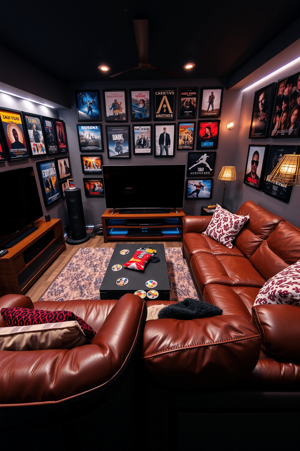 A stylish man cave designed for relaxation and entertainment. The space features a plush leather sectional sofa facing a large flat-screen TV, with a sleek coffee table in the center adorned with coasters and snacks. On one wall, a gallery of framed artwork showcases favorite movies and bands, creating a vibrant focal point. The room is accented with ambient lighting, including LED strips and vintage-style lamps, enhancing the cozy atmosphere.