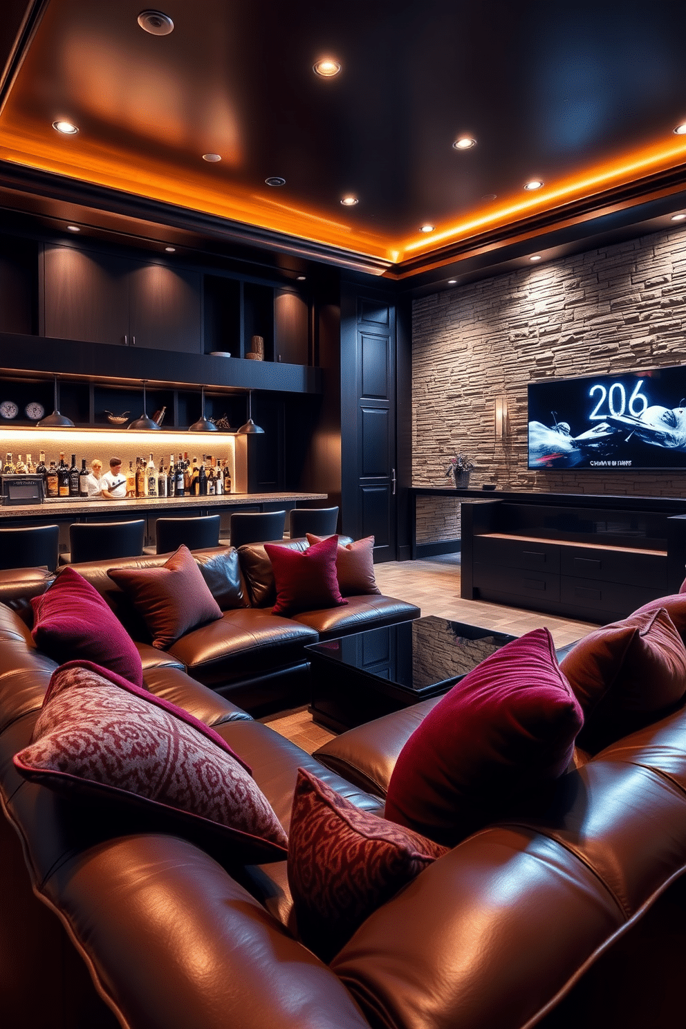 A luxurious man cave featuring a spacious leather sectional sofa adorned with plush cushions in rich, deep colors. The room is accented with ambient lighting, showcasing a sleek bar area and a large flat-screen TV mounted on the wall, creating the perfect space for relaxation and entertainment.