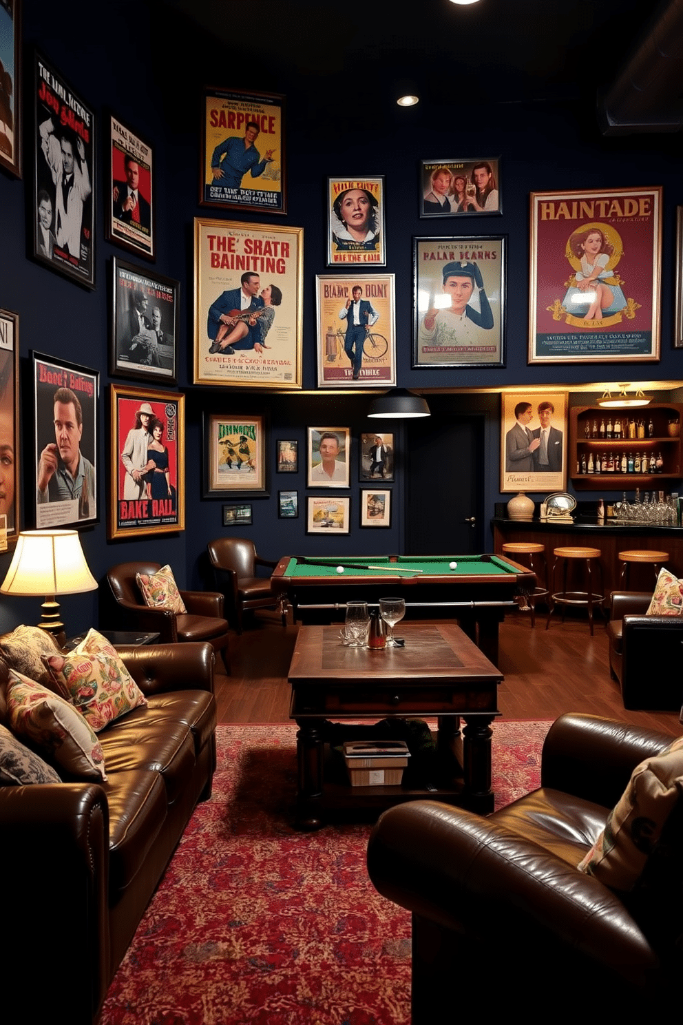 A vintage-inspired man cave features an eclectic mix of framed posters showcasing classic films and retro advertisements, adding character to the space. The walls are painted a deep navy blue, and plush leather seating creates a cozy atmosphere, complemented by a rustic wooden coffee table. The room is illuminated by warm, ambient lighting, highlighting a stylish bar area with vintage glassware. A pool table occupies the center of the room, surrounded by comfortable seating, creating an inviting space for relaxation and entertainment.