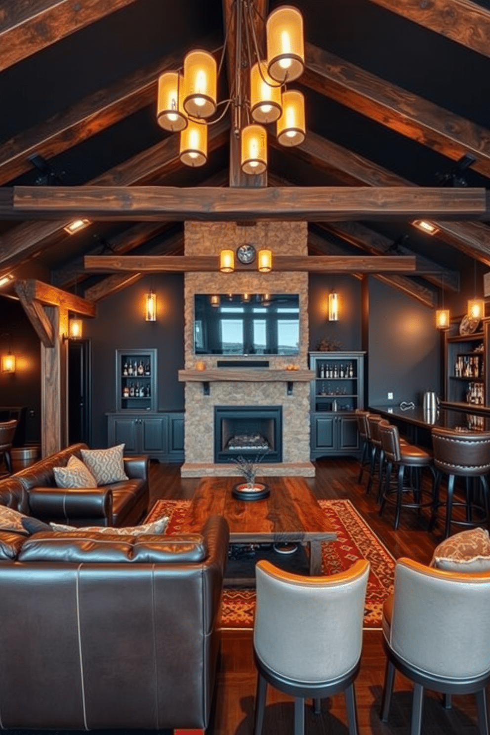 A luxurious man cave featuring exposed wooden beams that add a rustic charm to the space. The room is furnished with a plush leather sectional, a reclaimed wood coffee table, and a large flat-screen TV mounted above a stone fireplace. Rich, dark colors dominate the walls, complemented by warm lighting fixtures that create an inviting atmosphere. A well-stocked bar area, complete with high-top stools and a custom shelving unit, enhances the overall sophistication of the design.