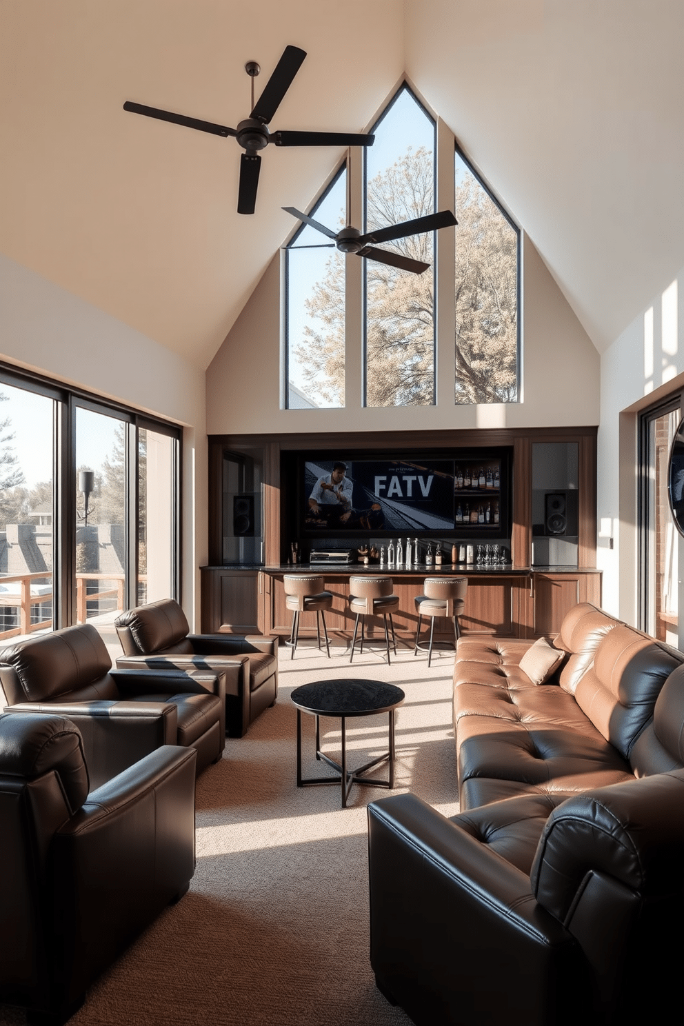 A luxurious man cave featuring floor-to-ceiling windows that flood the space with natural light, creating an inviting and airy atmosphere. The room is adorned with plush leather seating, a sleek wet bar, and a state-of-the-art entertainment system, all designed for ultimate relaxation and entertainment.