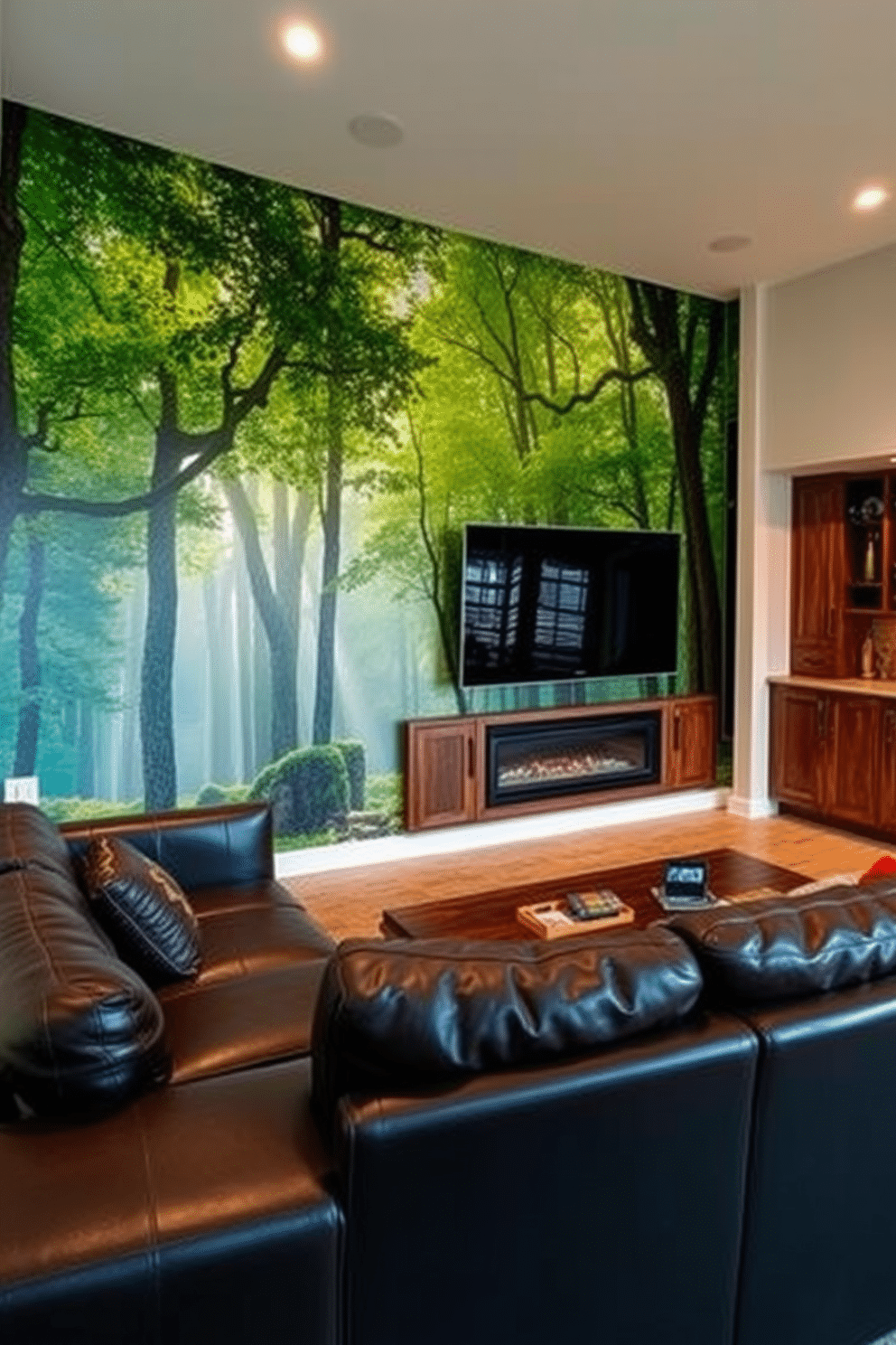 Creative wall murals for a personal touch. Imagine a vibrant mural depicting a serene forest scene, with lush greenery and soft sunlight filtering through the trees, creating a calming atmosphere in the room. Luxury Man Cave Design Ideas. Envision a sophisticated man cave featuring a plush leather sectional sofa, a custom-built wet bar with rich wood finishes, and a large flat-screen TV mounted above a sleek fireplace, all complemented by ambient lighting for a cozy yet stylish retreat.