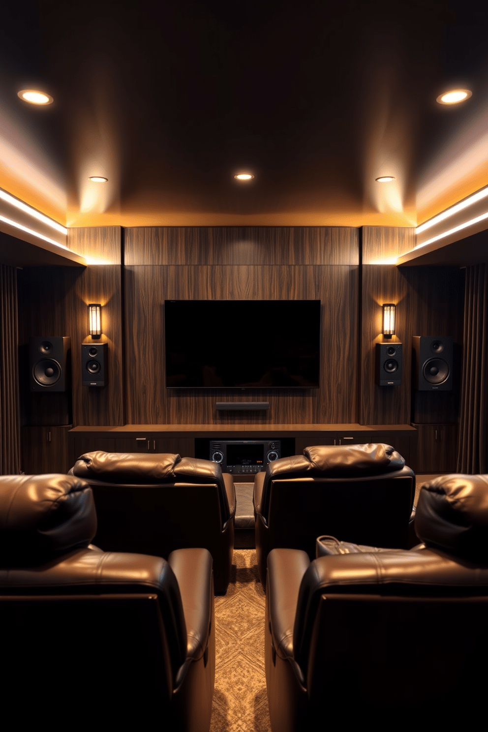 A luxurious man cave featuring a large flat-screen TV mounted on a sleek, dark wood wall. Surround sound speakers are strategically placed around the room, providing an immersive audio experience for movie nights and gaming sessions. The seating area includes plush leather recliners arranged in a semi-circle facing the screen. Ambient lighting from stylish sconces and LED strips enhances the cozy atmosphere, creating the perfect retreat for relaxation and entertainment.