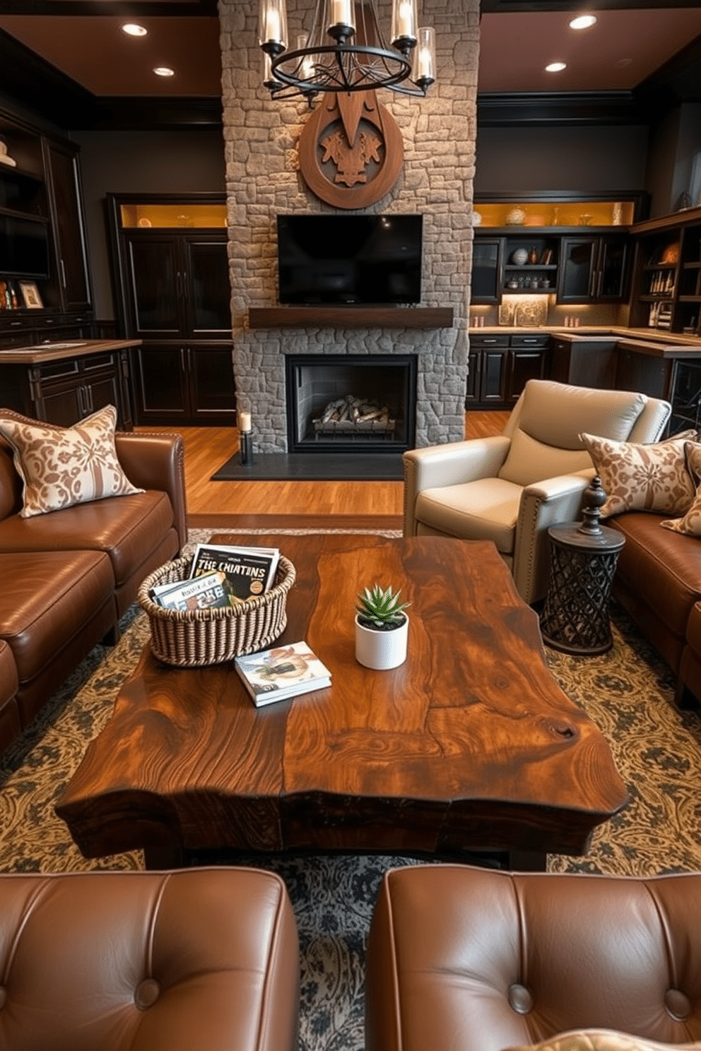 A rustic wooden coffee table centerpiece sits in the middle of a cozy living room, surrounded by plush leather sofas and a stone fireplace. The table is adorned with a woven basket holding assorted magazines, a set of artisanal coasters, and a small potted succulent for a touch of greenery. The luxury man cave is designed with deep, rich colors and high-end finishes, featuring a state-of-the-art entertainment system and a custom-built bar. Comfortable seating options, like oversized recliners and a sectional sofa, create an inviting atmosphere for relaxation and entertainment.