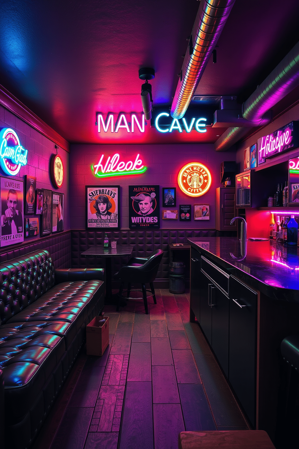 A stylish man cave featuring retro neon signs that illuminate the space with vibrant colors. The walls are adorned with vintage posters, and plush leather seating creates a cozy atmosphere. Incorporate a custom bar area with sleek cabinetry and a polished countertop, perfect for entertaining guests. The flooring is a mix of reclaimed wood and industrial tiles, enhancing the overall retro vibe.