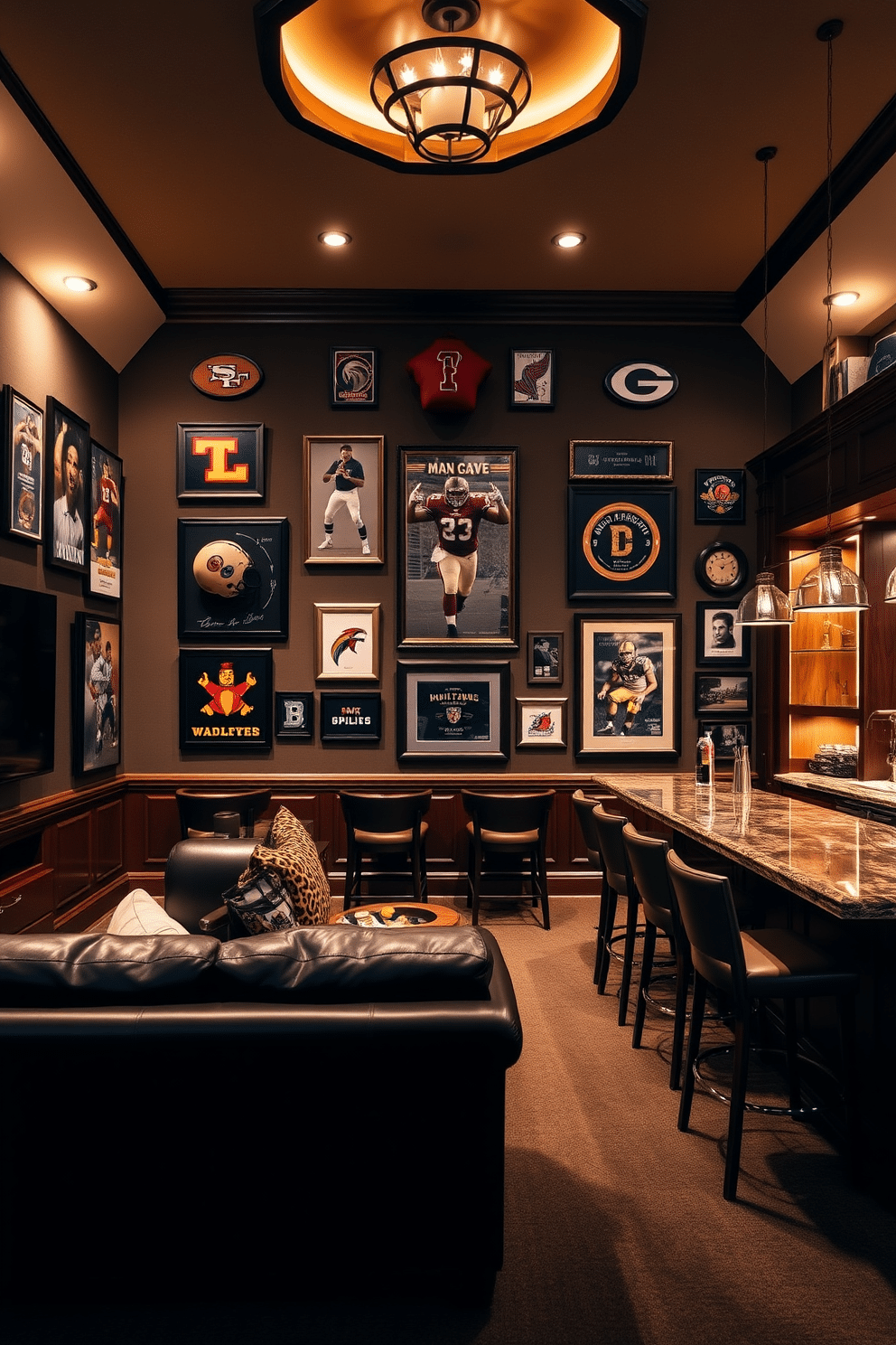 A luxurious man cave featuring framed sports memorabilia elegantly arranged on the walls. The space is adorned with a plush leather sectional sofa, a custom-built bar with high stools, and ambient lighting that creates a warm and inviting atmosphere.