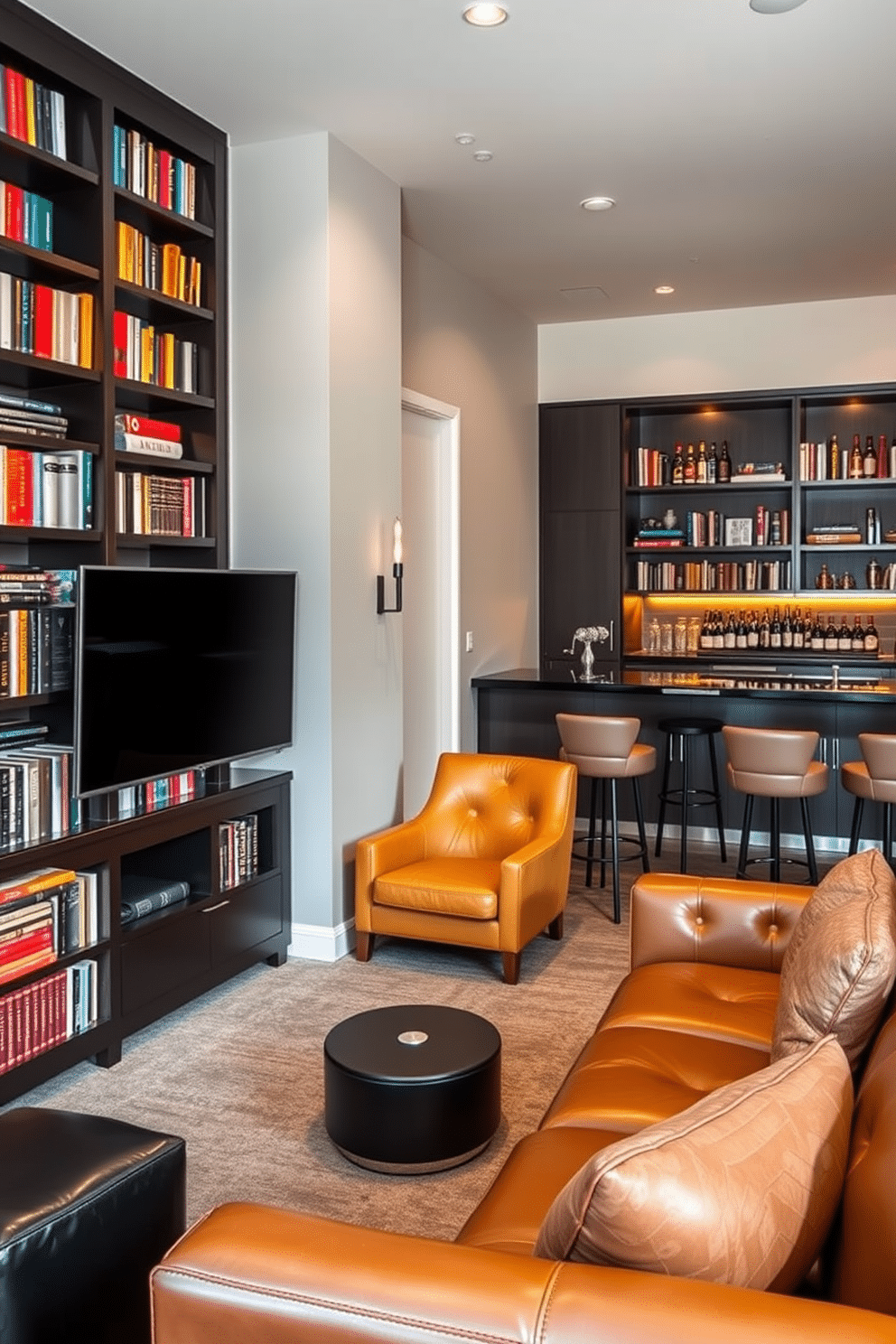 A cozy reading nook with bookshelves. The space features a plush armchair in a warm, inviting fabric, positioned next to a tall bookshelf filled with an array of colorful novels. Luxury man cave design ideas. The room is outfitted with a sleek leather sectional sofa, a large flat-screen TV mounted on the wall, and a stylish bar area with high stools and a selection of premium spirits.