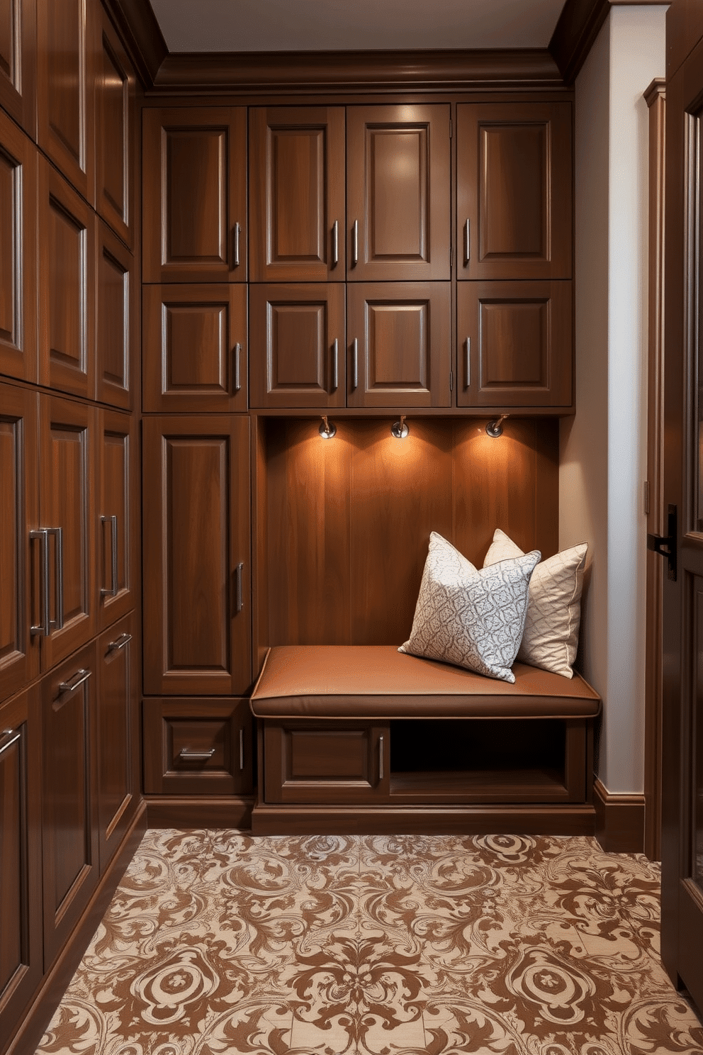 Spacious built-in lockers with elegant finishes create a welcoming and organized entryway. Each locker features custom cabinetry with a rich wood finish, complemented by brushed nickel hardware and soft ambient lighting. The luxury mudroom is designed with practicality in mind, showcasing a beautiful blend of functionality and style. A large, cushioned bench with plush throw pillows sits beneath a row of hooks, while intricate tile flooring adds a touch of sophistication to the space.