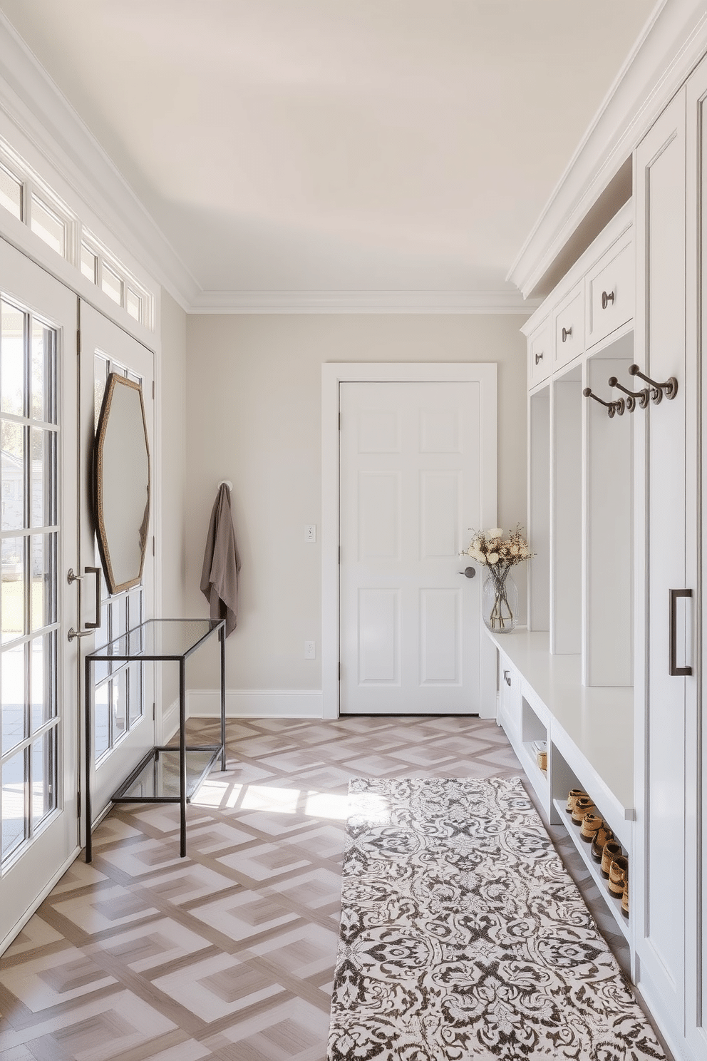 A bright entryway features elegant glass-paneled doors that invite natural light, creating an airy atmosphere. The flooring is adorned with a stylish geometric pattern, and a sleek console table sits against the wall, complemented by a statement mirror above it. The luxury mudroom is designed with functional built-in storage, including cubbies for shoes and hooks for coats. Soft, neutral tones dominate the space, while a plush area rug adds warmth and comfort underfoot.