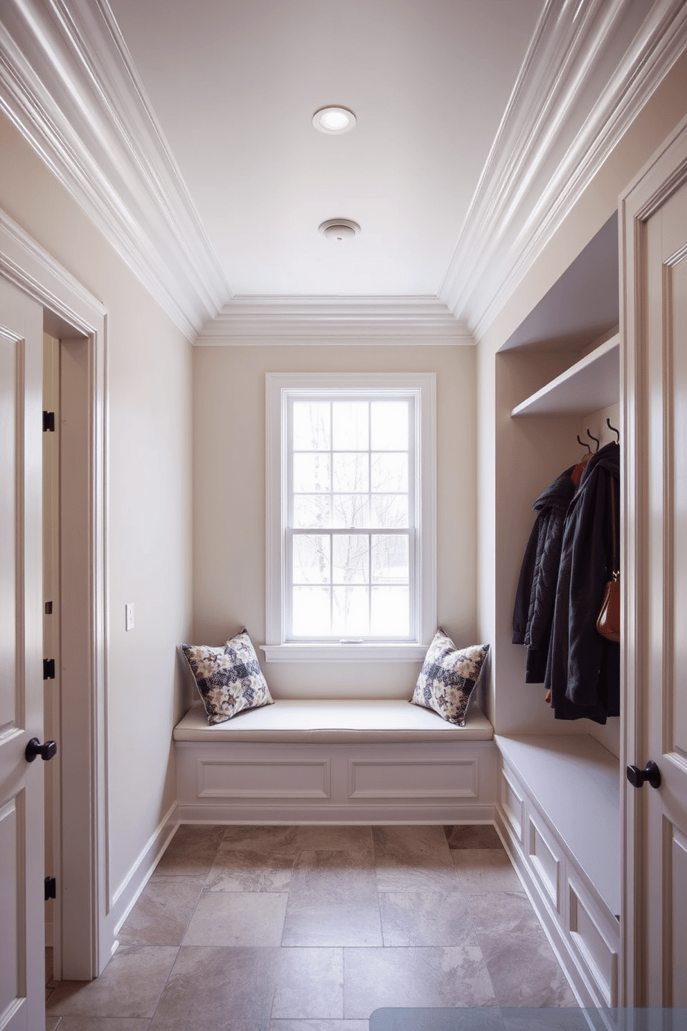 Crown molding elegantly frames the ceiling, adding a touch of sophistication and enhancing the perceived height of the space. The walls are painted in a soft, neutral tone, while the floor features durable, stylish tiles that can withstand heavy use. The mudroom is designed with built-in storage solutions, including a bench with plush cushions and hooks for coats. Natural light floods the area through a large window, creating a welcoming atmosphere that blends functionality with luxury.