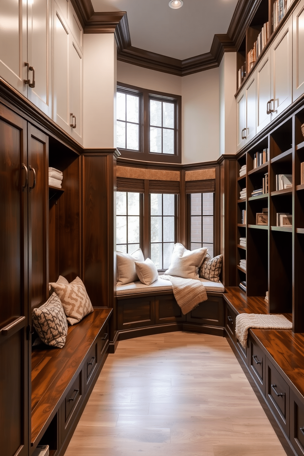 A luxurious mudroom designed for both functionality and comfort. The space features built-in wooden benches with plush cushions, surrounded by custom cabinetry for storage. Adjacent to the benches, a cozy reading nook is created with a large window seat adorned with soft pillows and a warm throw blanket. Shelves filled with books and decorative items line the walls, enhancing the inviting atmosphere.