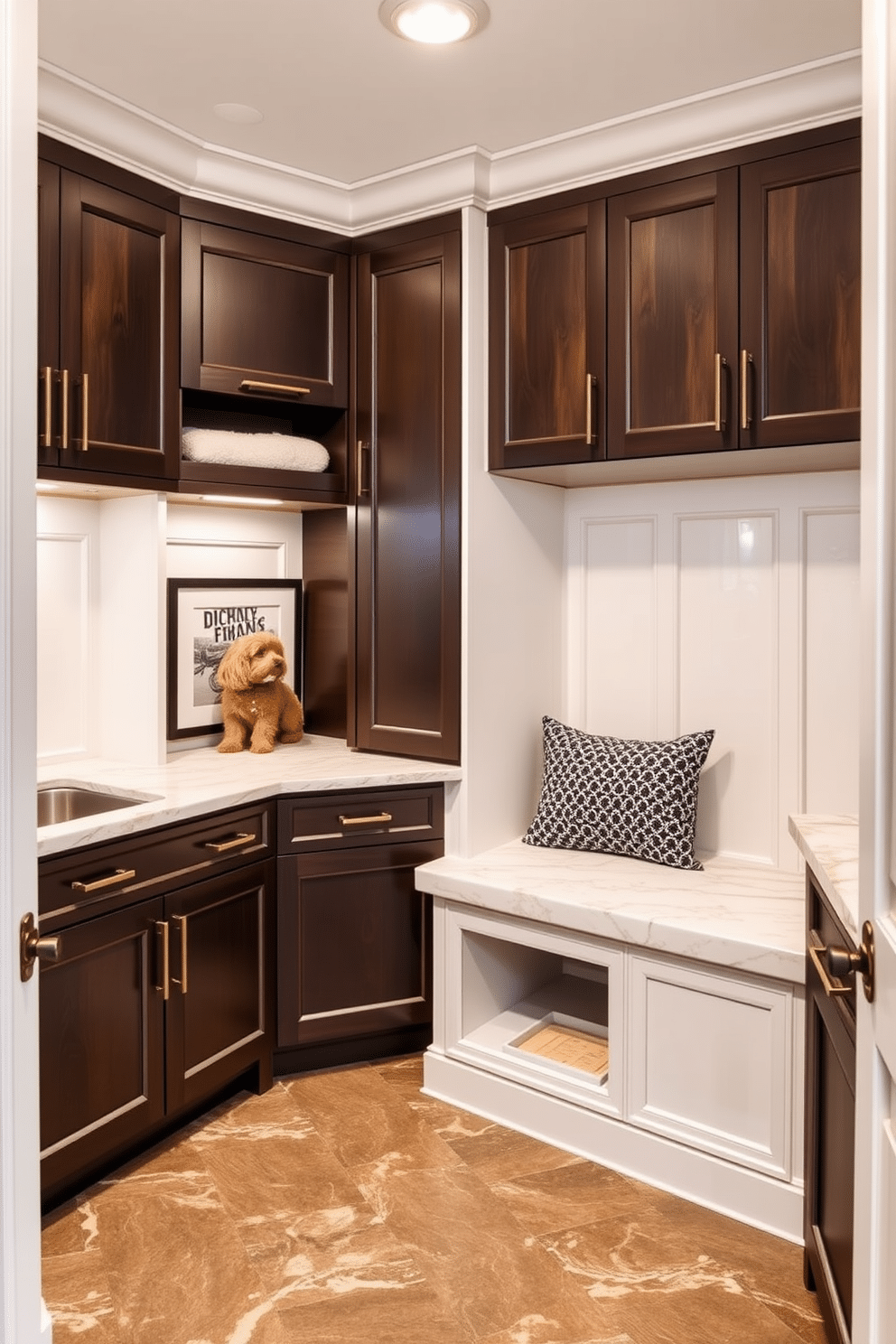 A stylish integrated pet area seamlessly blends functionality and aesthetics. The space features built-in cabinetry with soft-close drawers for pet supplies, a cozy nook with plush bedding, and a decorative feeding station that complements the overall decor. The luxury mudroom showcases elegant storage solutions with custom cabinetry and a spacious bench. Rich materials like marble countertops and patterned tile floors create a sophisticated atmosphere while providing practicality for everyday use.