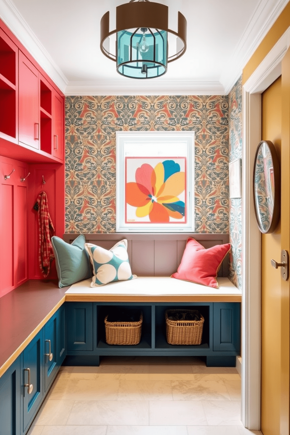 Colorful accent walls create a vibrant atmosphere, featuring bold hues like teal, coral, or mustard yellow that energize the space. Each wall can be adorned with unique textures or patterns, such as geometric shapes or floral motifs, to enhance the visual interest. Luxury mudroom design ideas incorporate functional elements with high-end finishes, such as custom cabinetry and elegant flooring. Consider adding a stylish bench with plush cushions, along with hooks and cubbies for organized storage, all while using a cohesive color palette that complements the rest of the home.