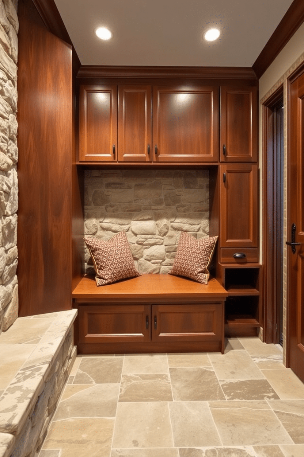 A luxury mudroom features natural stone accents that create a timeless look. The space includes a built-in bench with plush cushions, surrounded by custom cabinetry made from rich wood tones.