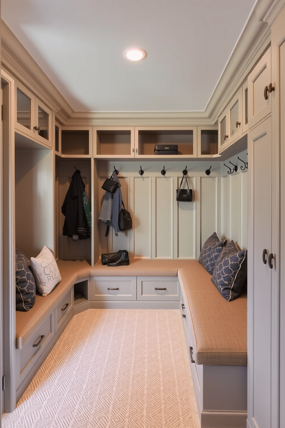 A luxurious mudroom features built-in seating with plush cushions, providing a comfortable space for relaxation and convenience. The area is adorned with elegant storage solutions, including cabinetry and hooks for coats and bags, all designed in a cohesive color palette.