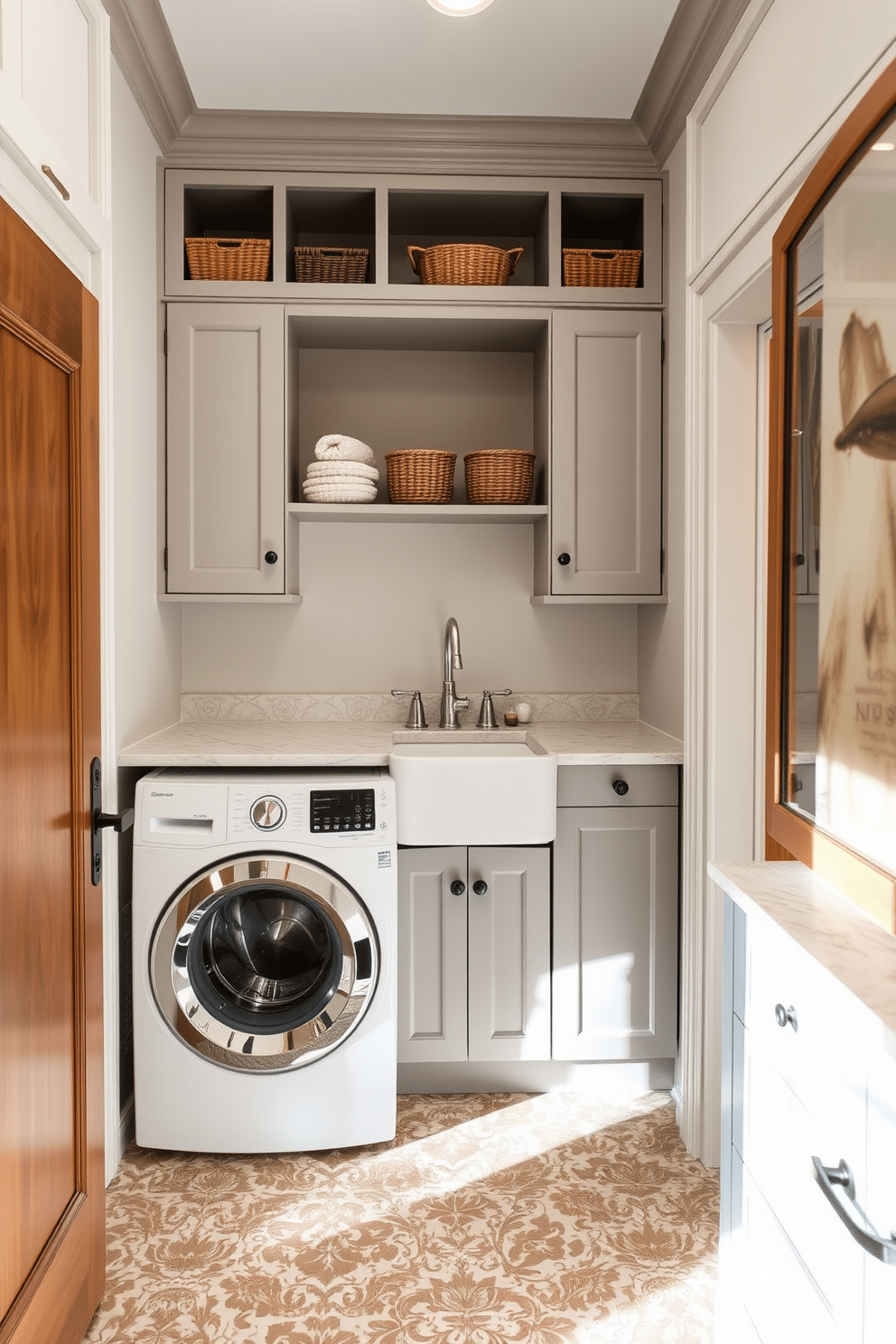 A stylish dual-purpose space combines laundry functionality with elegant storage solutions. The room features custom cabinetry in a soft gray finish, with open shelving above for easy access to everyday items. A large farmhouse sink is positioned centrally, flanked by a washer and dryer tucked behind matching cabinet doors. The flooring is a durable, patterned tile that complements the warm wood accents throughout the space, creating a welcoming atmosphere.