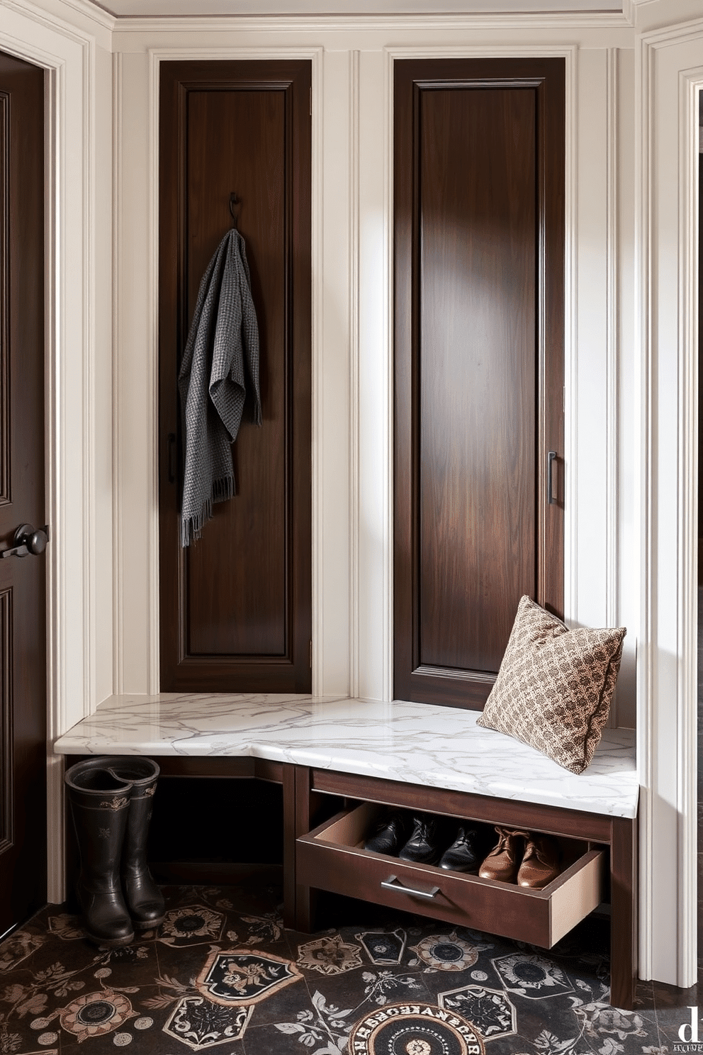 A luxurious mudroom features a marble-topped bench that elegantly combines functionality and style. Beneath the bench, hidden storage drawers provide ample space for organizing shoes and outdoor gear, ensuring a clutter-free environment.