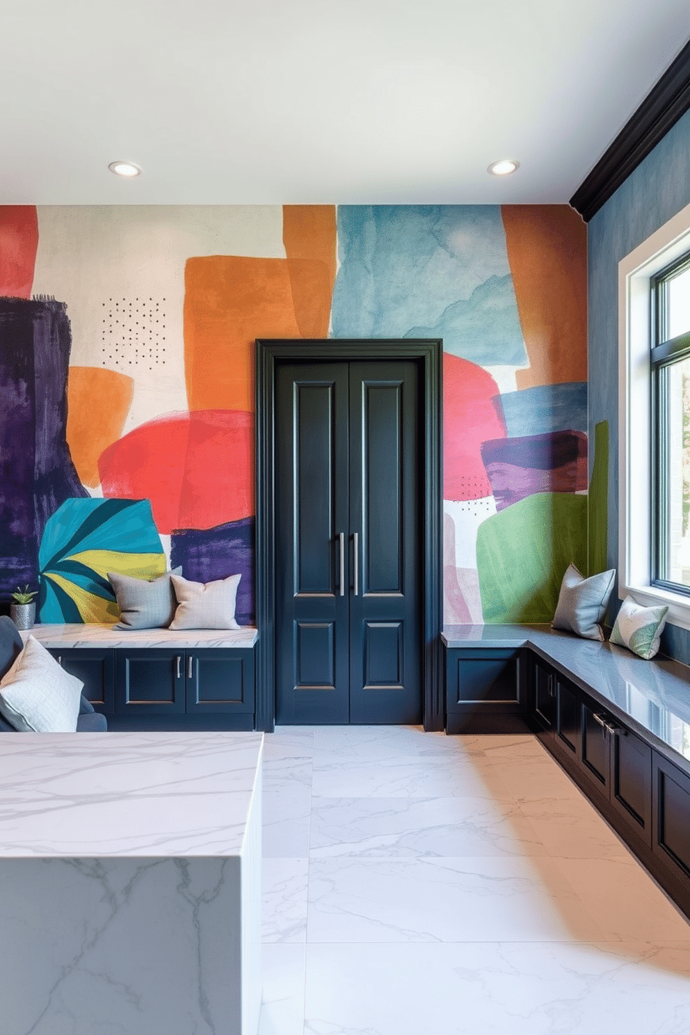 Artistic wall murals featuring vibrant colors and abstract designs create a unique vibe in the living space. The murals can incorporate elements of nature or geometric patterns, adding depth and personality to the room. Luxury mudroom design ideas include a spacious layout with built-in storage benches and sleek cabinetry. Incorporating high-end materials like marble countertops and designer tile flooring enhances functionality while exuding elegance.