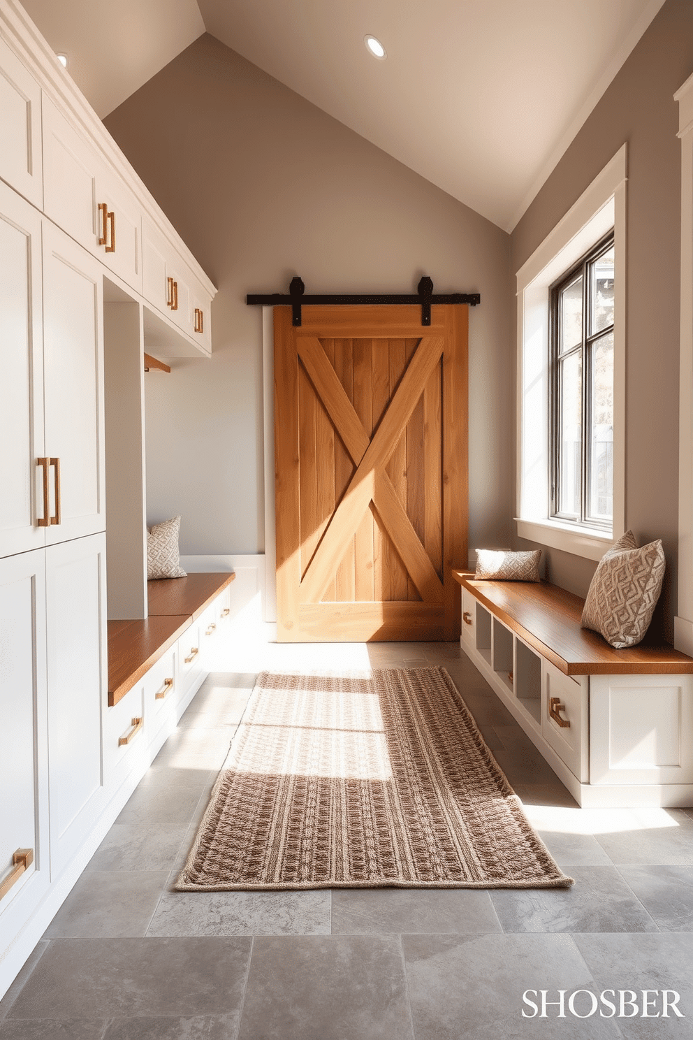 A spacious mudroom features a beautiful sliding barn door that adds rustic charm while providing easy access. The floor is adorned with large, textured tiles in a warm gray tone, complemented by built-in wooden benches with plush cushions. On one side, custom cabinetry offers ample storage for shoes and outdoor gear, finished in a soft white with brushed gold hardware. Natural light floods the space through a large window, highlighting a stylish area rug that ties the room together.