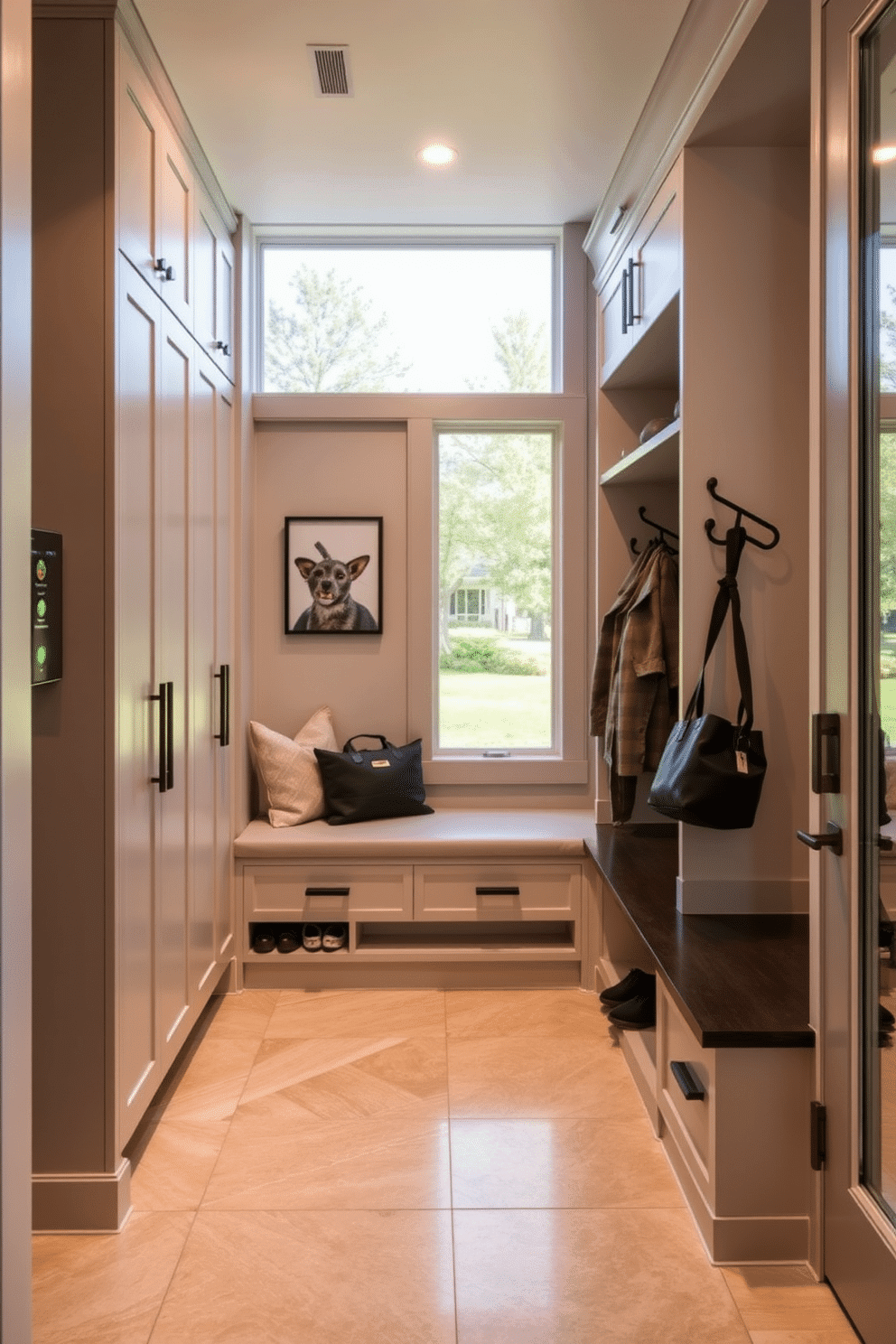 A modern luxury mudroom features smart home technology seamlessly integrated into its design. The space includes automated lighting, a smart thermostat, and charging stations for devices, all while maintaining an elegant aesthetic with custom cabinetry and high-end finishes. The mudroom showcases a stylish bench with built-in storage for shoes and bags, complemented by a sleek coat rack. Soft, ambient lighting highlights the beautiful tile flooring, and a large window allows natural light to flood the space, creating a warm and inviting atmosphere.