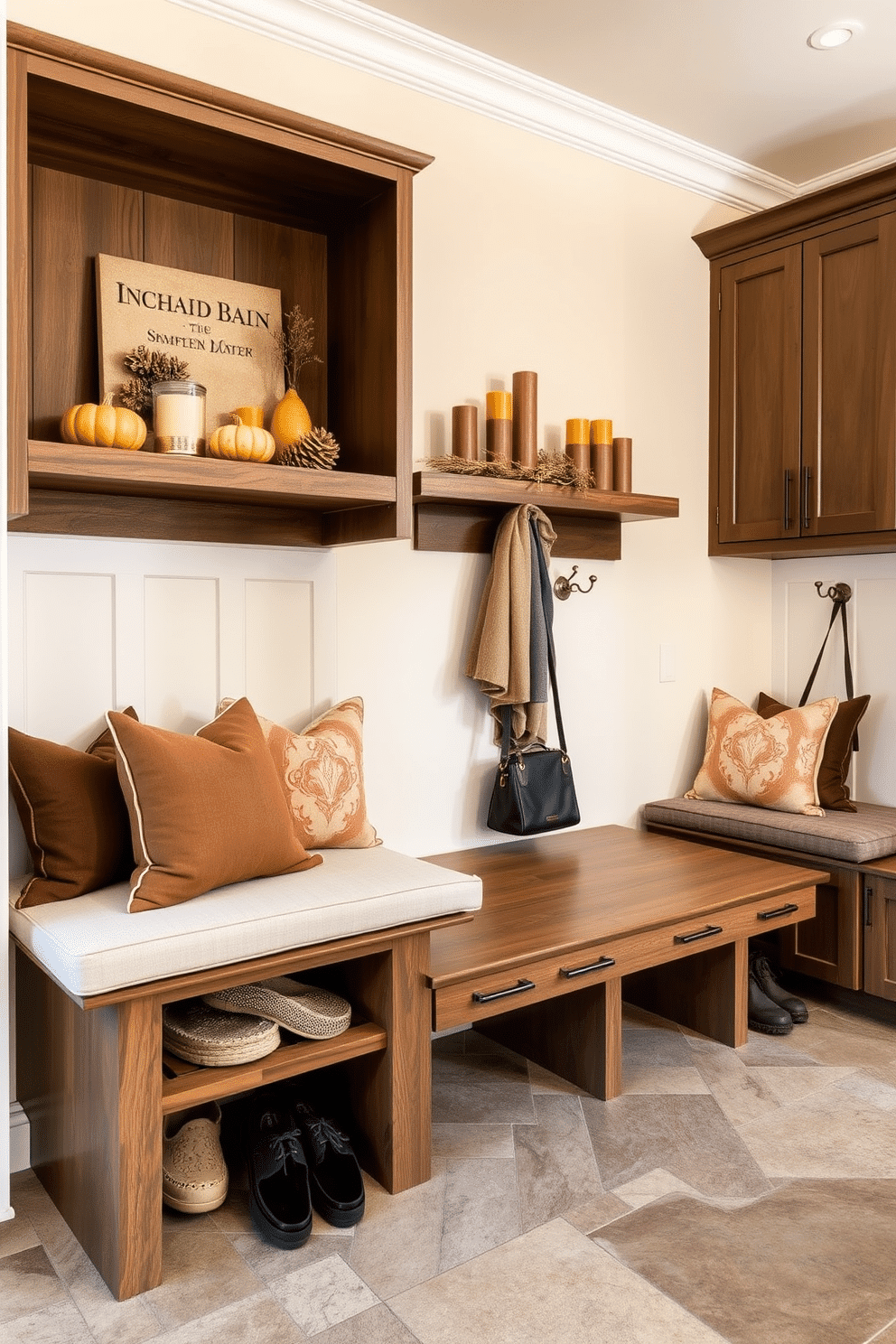 A seasonal decor display on open shelves features an arrangement of autumn-themed items, including small pumpkins, pinecones, and warm-toned candles. The shelves are made of reclaimed wood, and the backdrop is painted a soft cream color to enhance the seasonal elements. Luxury mudroom design ideas include built-in storage benches with plush cushions and elegant cabinetry for organizing shoes and outdoor gear. The flooring is a durable yet stylish tile that mimics natural stone, complemented by decorative hooks for hanging coats and bags.