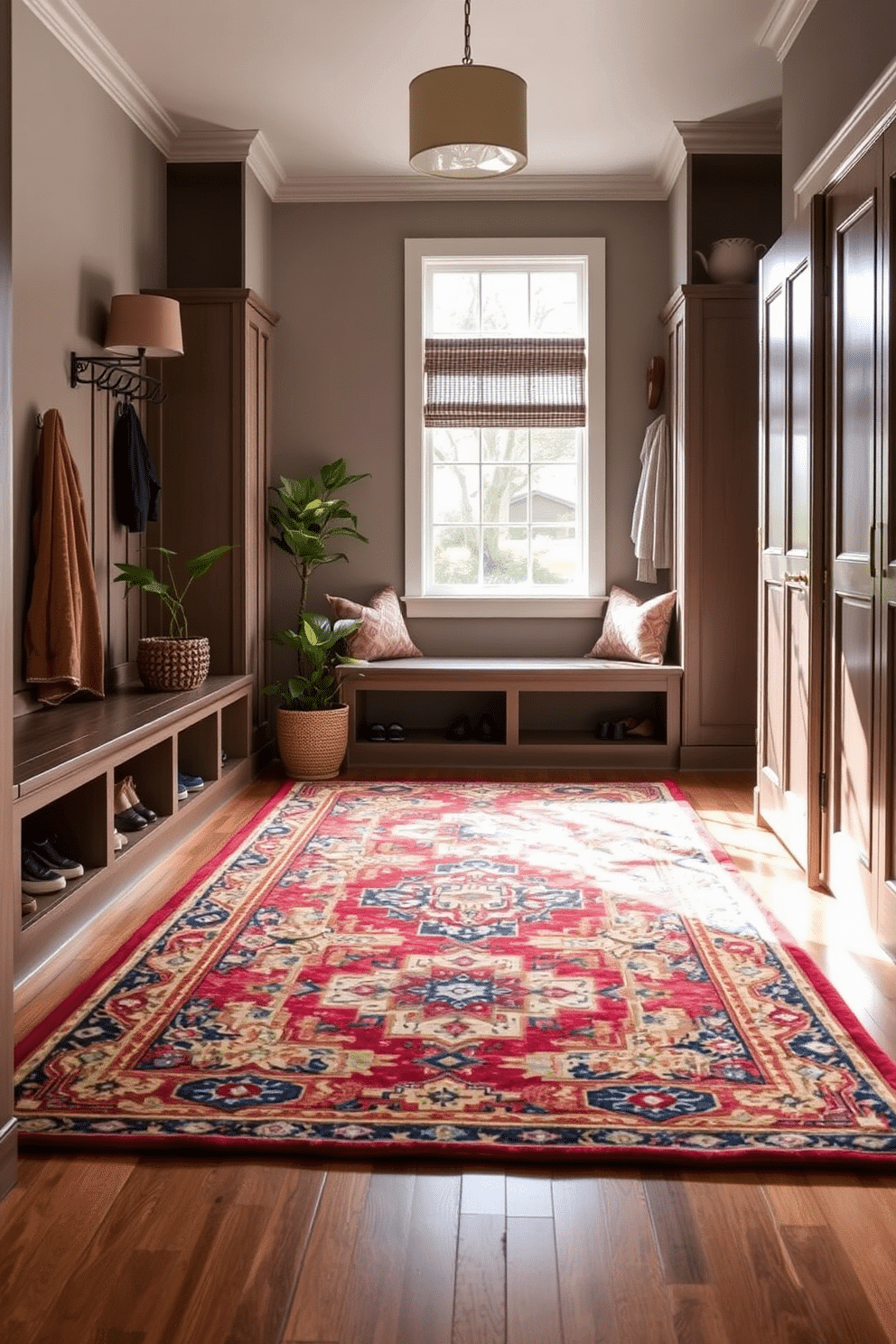 A stylish mudroom features a large, colorful area rug that adds warmth and character to the space. The walls are lined with built-in benches and cubbies, providing ample storage for shoes and coats, while a sleek coat rack adds functionality. Natural light floods the room through a window, highlighting the rich textures of the rug and the polished wooden floors. Potted plants in the corners bring a touch of nature indoors, creating a welcoming atmosphere.