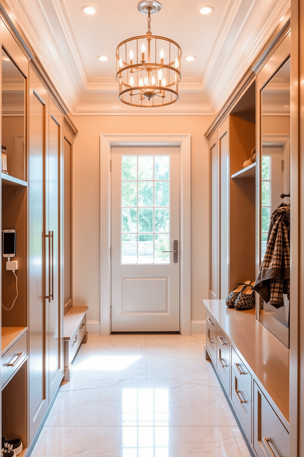 A luxury mudroom featuring an integrated charging station for devices. The space includes built-in cabinetry with sleek finishes, providing ample storage for shoes and outdoor gear. The charging station is seamlessly integrated into the design, with hidden outlets and USB ports for convenience. Natural light floods the area through a large window, highlighting the elegant tile flooring and stylish lighting fixtures.