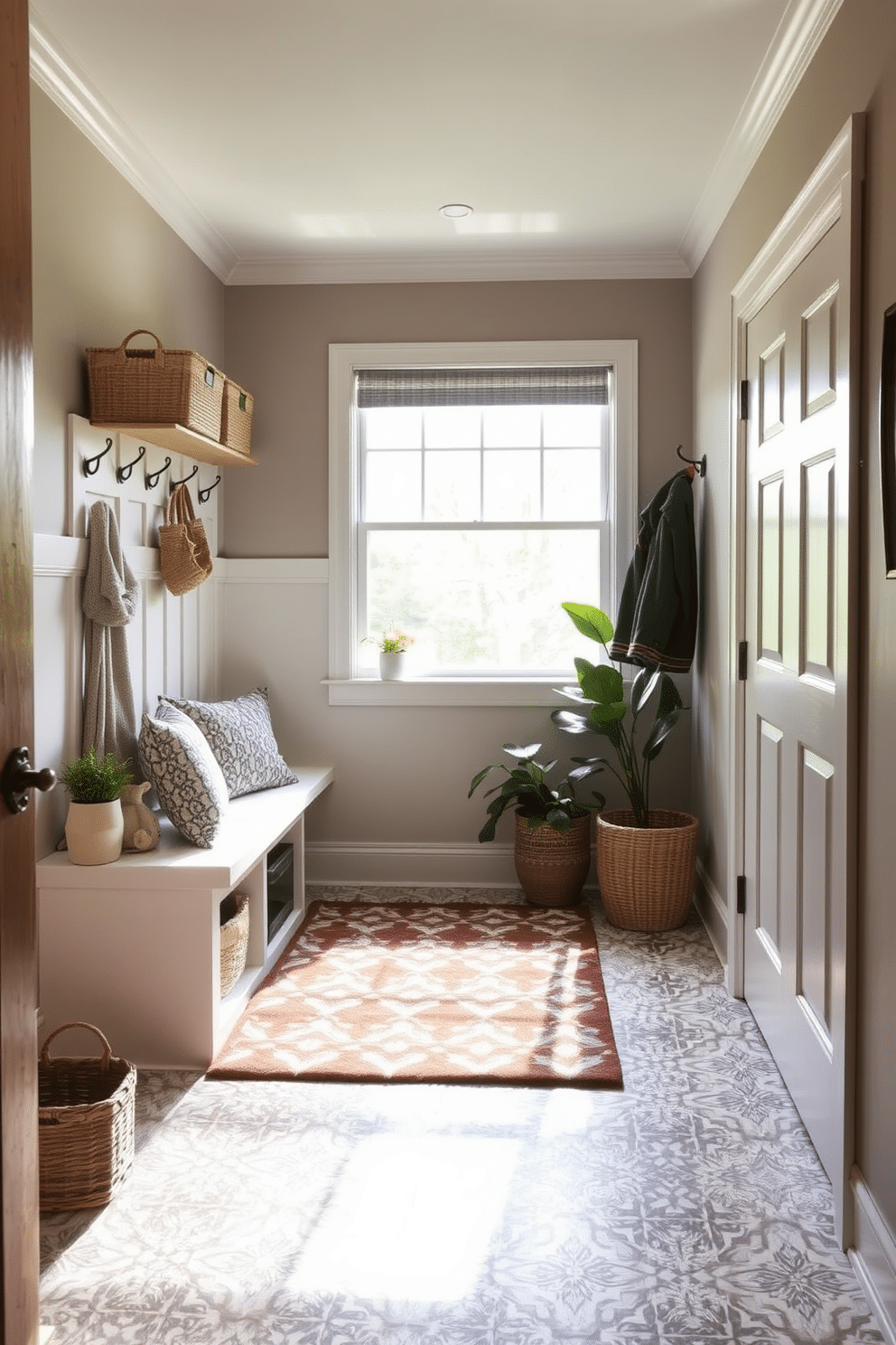 Chic mudroom with patterned tile flooring. The space features a built-in bench with plush cushions and hooks for hanging coats, complemented by a stylish area rug that adds warmth. Natural light streams in through a large window, illuminating the room's neutral color palette. Decorative baskets and potted plants are strategically placed to enhance the inviting atmosphere.