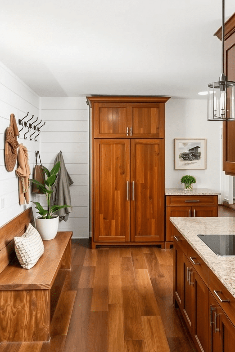 A rustic wood bench is positioned against a wall adorned with shiplap, providing a warm contrast to sleek, modern decor elements. A series of stylish hooks hang above the bench for coats and bags, while a large potted plant adds a touch of greenery to the space. The luxury mudroom features a combination of rich wood cabinetry and polished stone countertops, creating an inviting yet functional area. A spacious island in the center offers additional storage and seating, complemented by elegant lighting fixtures that enhance the overall ambiance.