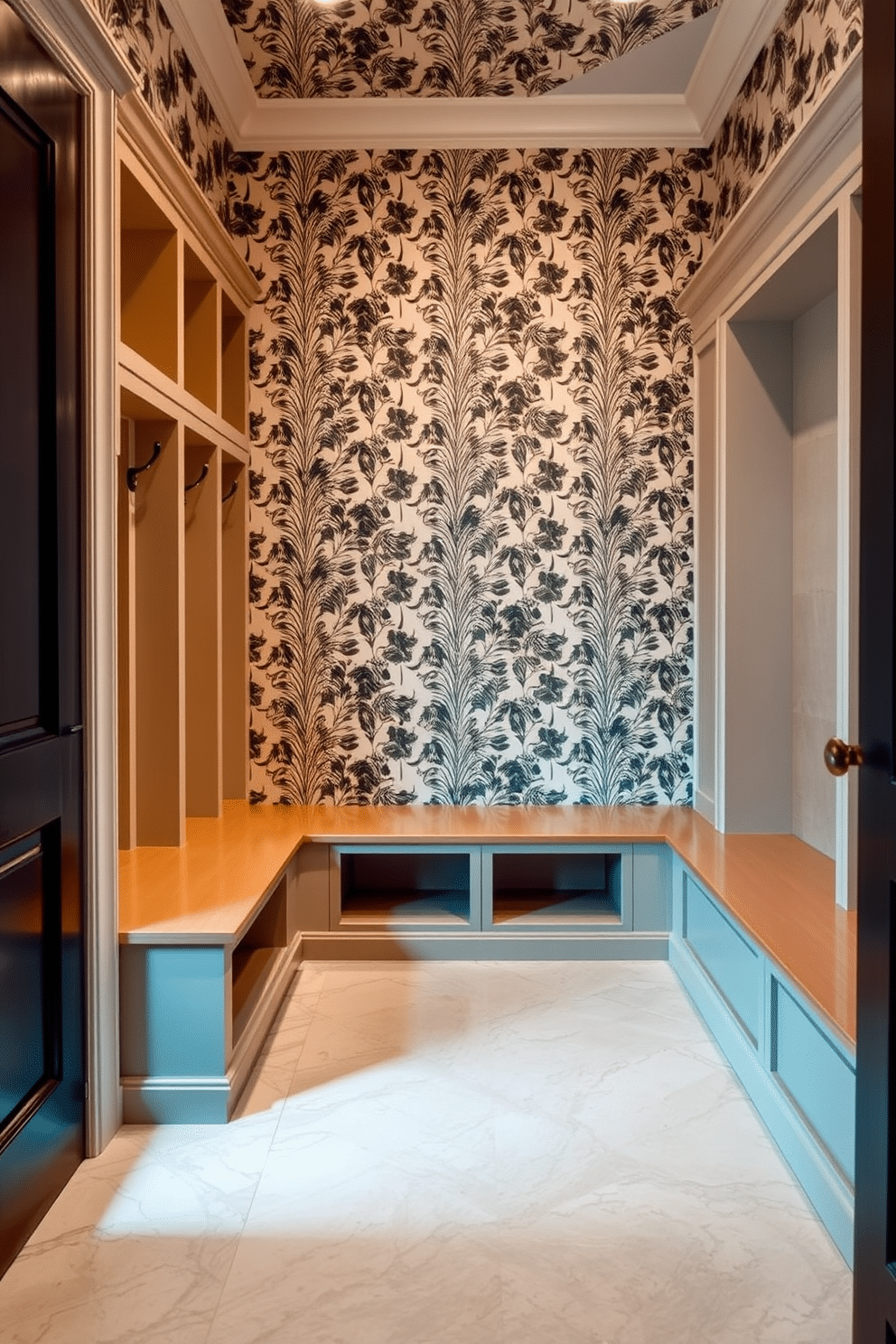 A luxurious mudroom features wallpaper adorned with a bold print, creating a striking focal point. The space is equipped with custom built-in storage benches and hooks, seamlessly blending functionality with style. The flooring is a durable yet elegant tile that complements the vibrant wallpaper. Soft lighting illuminates the area, highlighting the intricate details of the design while maintaining a welcoming atmosphere.