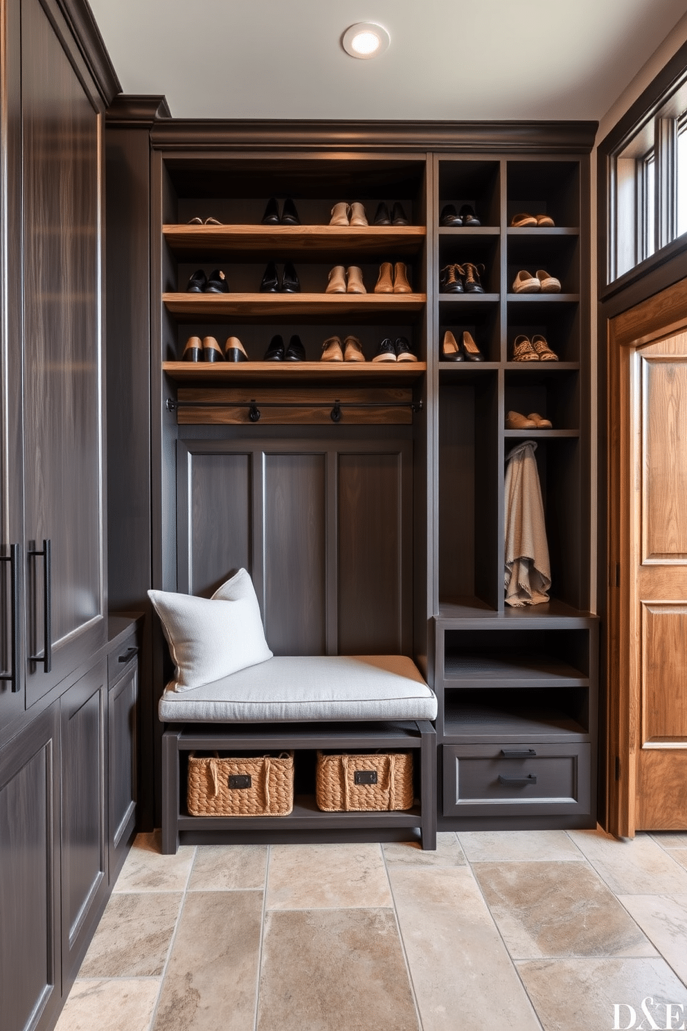 Open shelving elegantly showcases a curated collection of stylish shoes, seamlessly blending functionality with aesthetic appeal. The shelves are made of reclaimed wood, while a chic bench upholstered in soft fabric invites comfort and practicality. The luxury mudroom features a combination of sleek cabinetry and open storage solutions, designed to keep the space organized and visually appealing. Natural light floods in through large windows, highlighting the rich textures of the materials used, including stone flooring and warm wood accents.