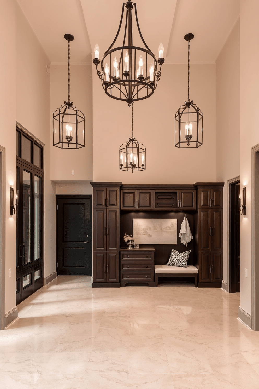 A grand entryway features elegant lighting fixtures that cast a warm glow throughout the space. The fixtures are a blend of modern design and classic charm, with intricate details that complement the high ceilings and polished floors. The luxury mudroom is designed for both functionality and style, featuring custom cabinetry and ample storage for outdoor gear. A stylish bench with plush cushions invites relaxation, while a chic tile floor adds durability and elegance to the space.