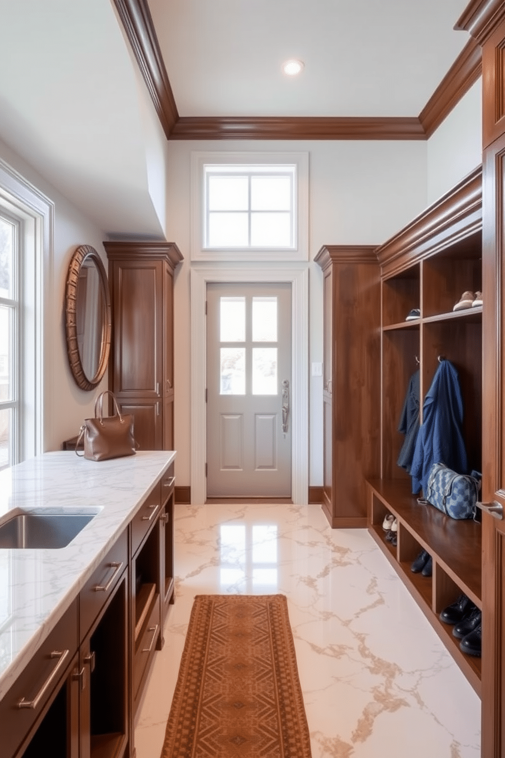 A luxurious mudroom features honed marble flooring that exudes elegance and sophistication. The space is designed with custom cabinetry in a rich wood finish, providing ample storage for shoes and outdoor gear.