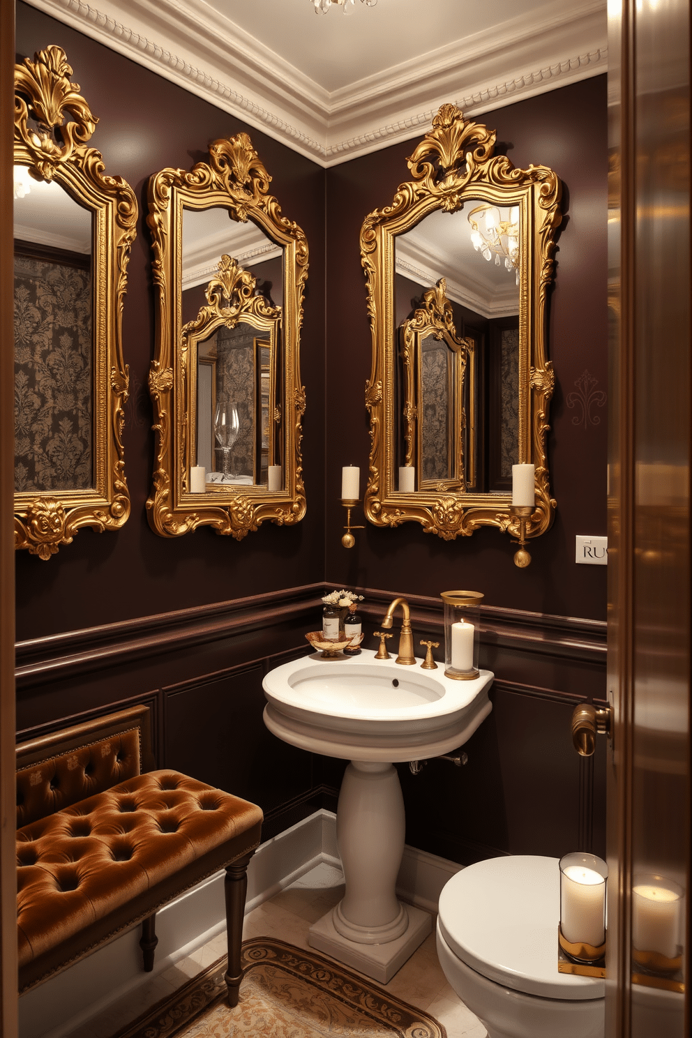 A luxurious powder room featuring ornate gold-framed mirrors that enhance the sense of elegance and sophistication. The walls are adorned with rich, deep colors, complemented by a plush velvet bench and intricate wallpaper patterns. The space includes a stylish pedestal sink with a gold faucet, surrounded by tasteful decor elements like scented candles and fresh flowers. Soft ambient lighting highlights the exquisite details of the mirrors and creates a warm, inviting atmosphere.