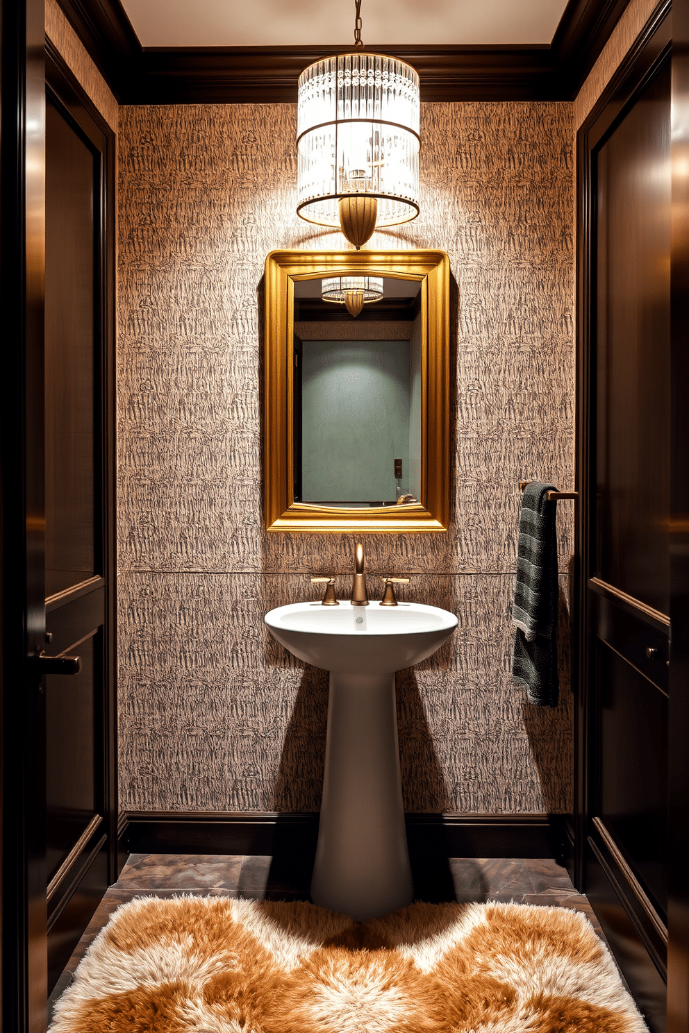 A luxurious powder room featuring textured wall panels that add depth and sophistication. The space is adorned with a sleek, modern pedestal sink and a stylish gold-framed mirror that reflects elegant lighting fixtures above. Rich, dark wood accents complement the textured walls, creating a warm and inviting atmosphere. A plush, patterned rug lies beneath, enhancing the room's opulence while providing comfort underfoot.