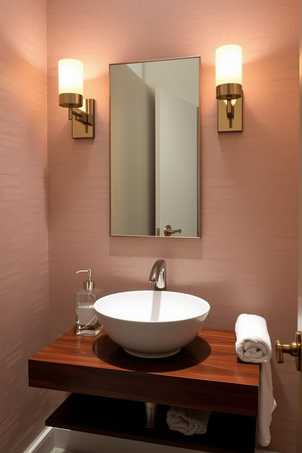 A stylish powder room featuring contemporary sconces that provide warm ambient lighting, casting a soft glow across the space. The walls are adorned with textured wallpaper in a muted tone, complementing the sleek, modern fixtures. The vanity showcases a chic vessel sink atop a floating countertop made of rich, dark wood. Elegant accessories, such as a sculptural soap dispenser and plush hand towels, enhance the luxurious feel of the room.