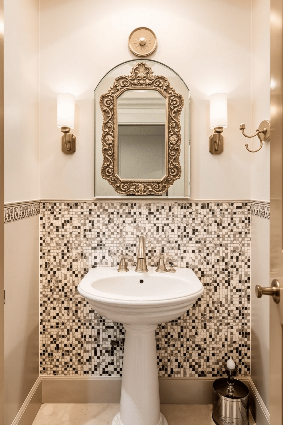 A luxury powder room featuring an intricate mosaic backsplash that adds visual interest and texture to the space. The walls are adorned with soft, neutral tones, complementing the stunning tile work and creating an inviting atmosphere. The room includes a stylish pedestal sink with a sleek faucet, paired with a decorative mirror that enhances the overall elegance. Soft lighting fixtures illuminate the space, highlighting the intricate details of the mosaic and creating a warm, welcoming ambiance.