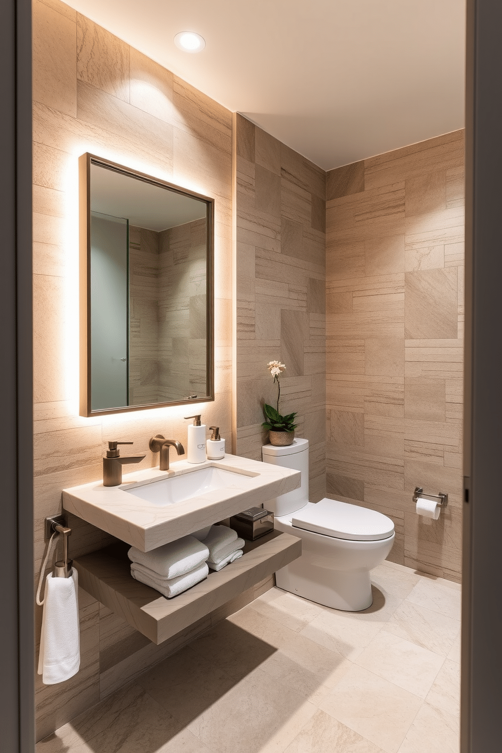 A luxury powder room featuring natural stone accents that evoke a serene spa atmosphere. The walls are adorned with textured stone panels, while a sleek floating vanity made of polished marble complements the overall aesthetic. Soft, ambient lighting illuminates the space, highlighting the elegant fixtures and a large, framed mirror that adds depth. Plush towels and a decorative plant enhance the tranquil vibe, creating a perfect retreat for guests.