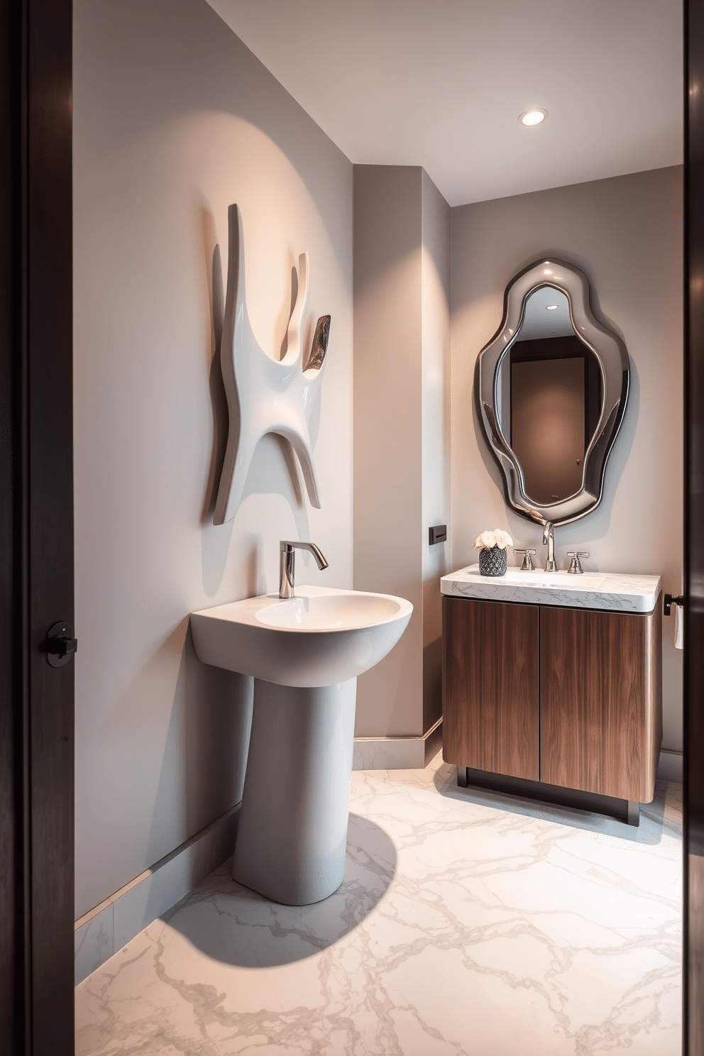 A luxury powder room featuring unique sculptural elements as decor. The walls are adorned with a striking, abstract wall sculpture that serves as a focal point, complemented by a sleek, modern sink with a sculptural faucet design. The flooring is a polished marble with intricate veining, enhancing the opulence of the space. Soft, ambient lighting highlights the artistic features, while a statement mirror with an organic shape adds depth and elegance to the room.