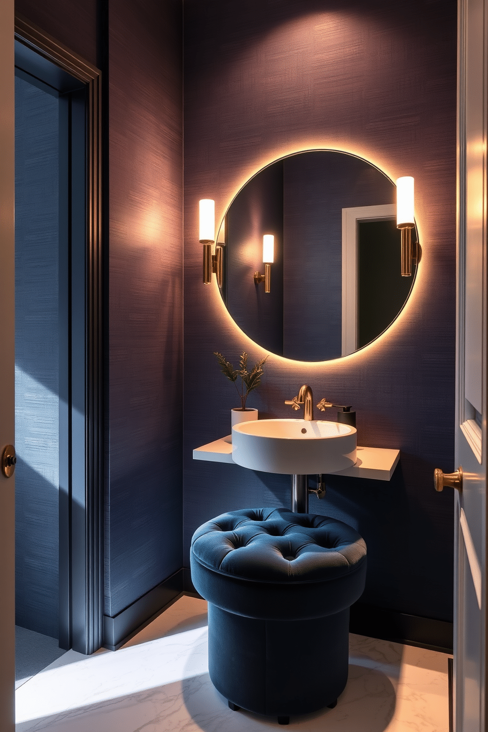 A luxury powder room featuring soft, ambient lighting that creates a serene atmosphere. The space includes a sleek wall-mounted sink with a polished gold faucet and a large round mirror that reflects the gentle glow of wall sconces. Rich, textured wallpaper in a deep navy blue envelops the room, complemented by a stylish marble floor with intricate veining. A plush, tufted velvet stool sits beneath the mirror, and a small potted plant adds a touch of greenery to enhance the calming vibe.