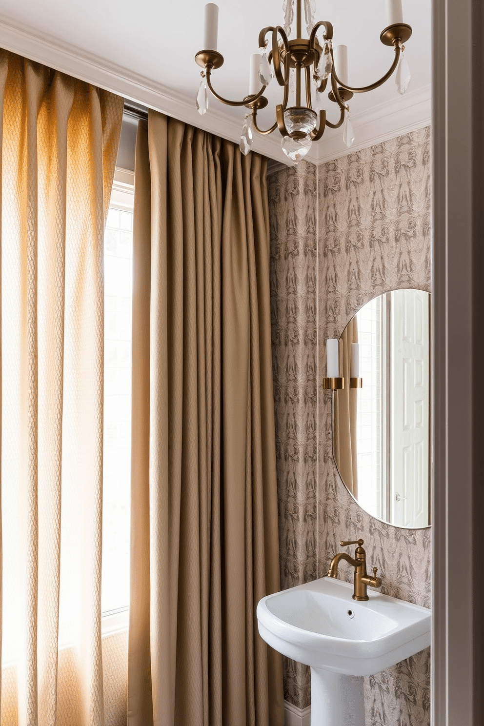 Elegant drapery cascades from the ceiling, framing a large window that allows natural light to filter softly into the space. The fabric features a subtle pattern in muted tones, adding a touch of sophistication to the room. In the luxury powder room, a sleek pedestal sink is paired with a stunning wall-mounted faucet in polished brass. The walls are adorned with textured wallpaper, while a chic chandelier hangs above to create an inviting ambiance.