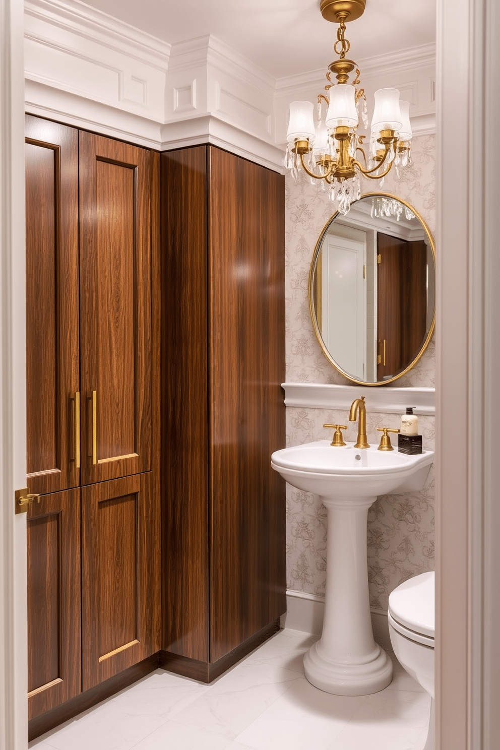 Custom cabinetry for a tailored look. The cabinetry features a sleek design with rich wood finishes, accented by gold hardware and soft-close hinges. Luxury powder room design ideas. The space is adorned with elegant wallpaper, a statement chandelier, and a stylish pedestal sink that exudes sophistication.