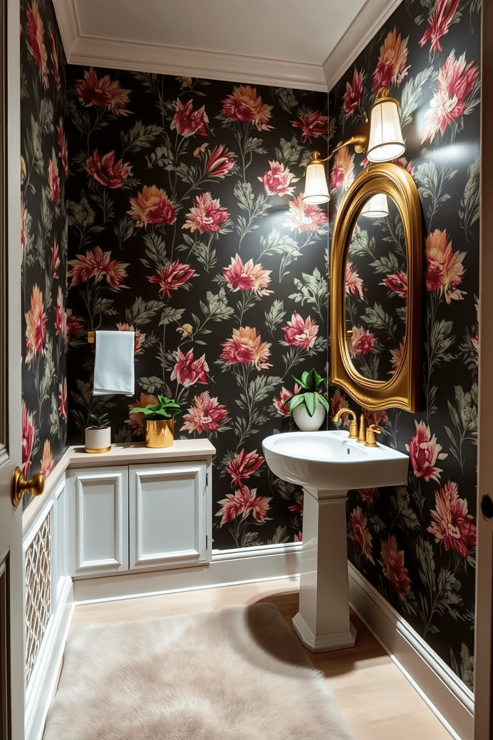 Chic wallpaper with floral patterns adorns the walls of a luxurious powder room, creating a vibrant yet elegant atmosphere. The room features a sleek pedestal sink with gold fixtures, complemented by a stylish mirror framed in antique brass. Soft lighting highlights the intricate details of the wallpaper, while a plush area rug in muted tones adds warmth underfoot. A small potted plant sits on the countertop, enhancing the fresh and inviting feel of the space.