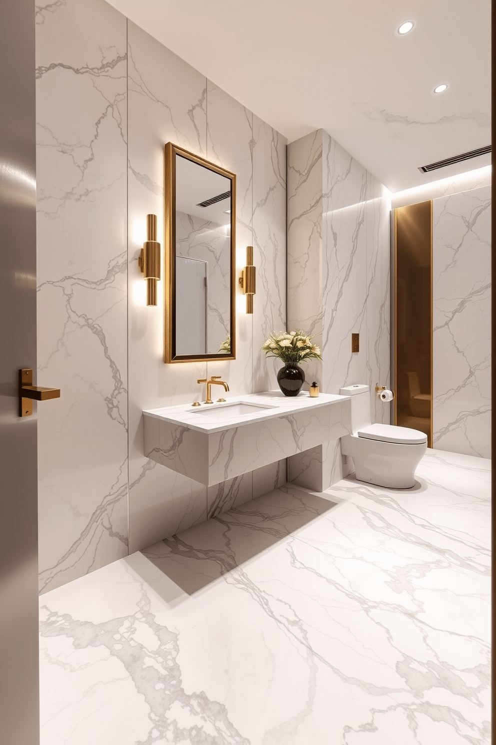 A luxurious powder room featuring exquisite marble flooring that exudes timeless elegance. The space is adorned with a sleek, modern vanity topped with a polished stone countertop, complemented by stylish fixtures in brushed gold. Soft ambient lighting highlights the intricate veining of the marble, creating a serene atmosphere. A large, framed mirror hangs above the vanity, reflecting the sophisticated decor and enhancing the sense of space.