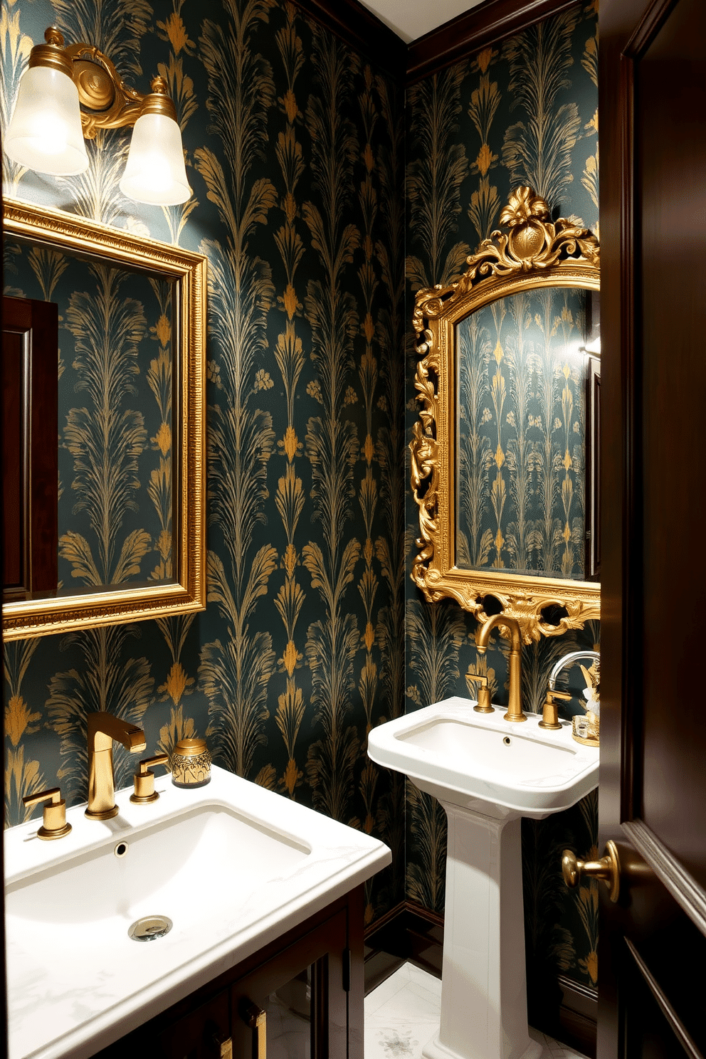 A striking luxury powder room featuring bold wallpaper with metallic accents that create a dramatic focal point. The space includes a sleek pedestal sink and a wall-mounted mirror with an ornate gold frame, enhancing the opulence of the design. Rich, dark wood cabinetry complements the wallpaper, providing ample storage while maintaining an elegant aesthetic. Soft, ambient lighting illuminates the room, highlighting the intricate patterns of the wallpaper and creating a warm, inviting atmosphere.