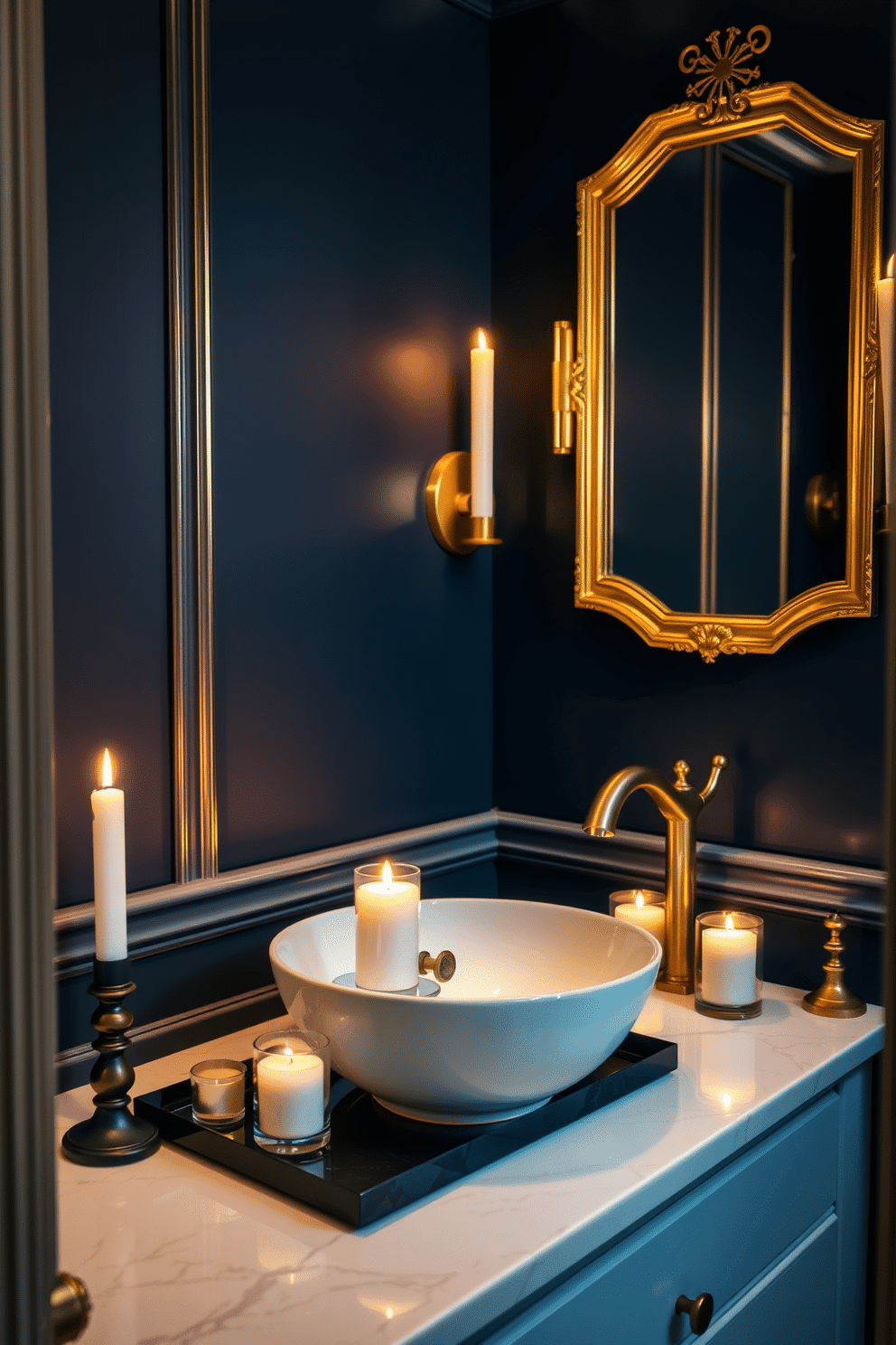 A luxurious powder room adorned with fragrant candles, creating an inviting and serene atmosphere. The flickering candlelight casts a warm glow, enhancing the elegant finishes of the space. The walls are painted in a deep navy blue, complemented by a white marble countertop with a sleek vessel sink. A stylish gold-framed mirror hangs above the sink, reflecting the soft light from the candles placed on a chic tray.