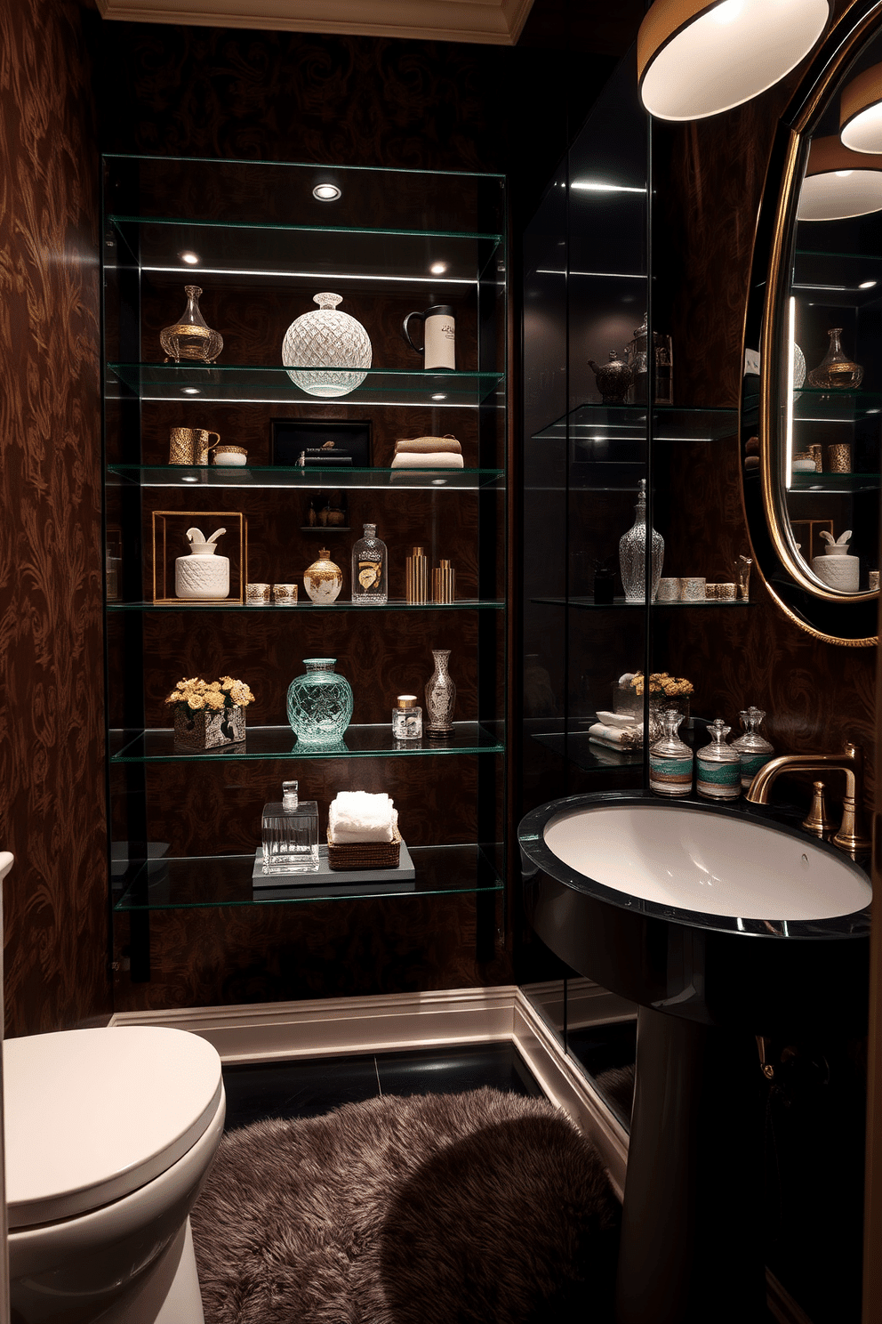 A luxurious powder room featuring elegant glass shelving that showcases a curated selection of decorative items. The shelves are illuminated by soft, ambient lighting, enhancing the beauty of the displayed pieces against a backdrop of rich, textured wallpaper. The space is accented with a chic pedestal sink and a stylish mirror that reflects the sophisticated decor. A plush rug lies beneath, adding warmth and comfort to this refined setting, while carefully chosen accessories complete the opulent atmosphere.