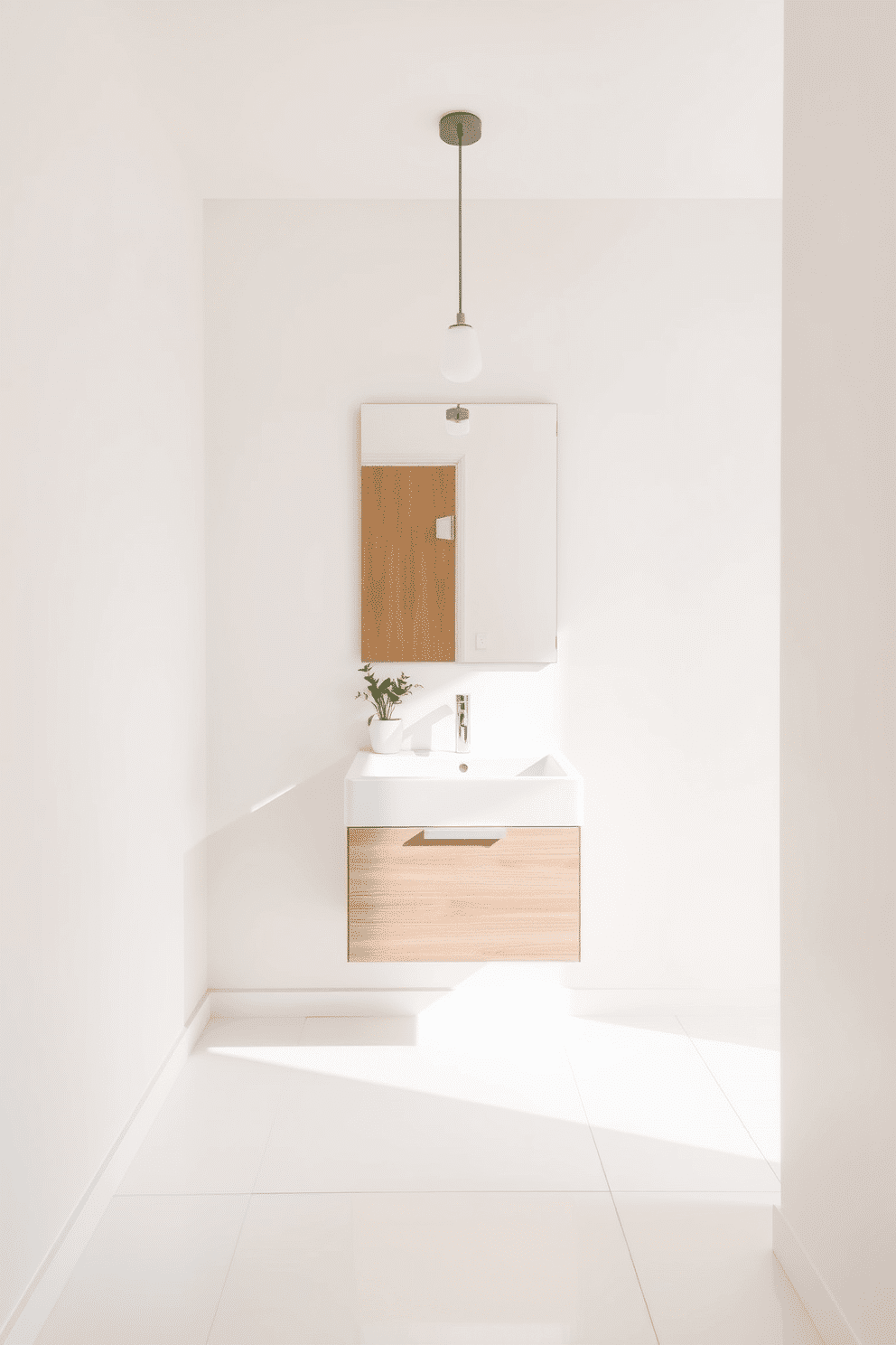 A minimalist powder room features a sleek, wall-mounted vanity made of light wood, complemented by a simple white sink. The walls are painted in a soft, neutral tone, enhancing the room's spacious feel, while a large, frameless mirror reflects natural light. The floor is adorned with large-format, matte white tiles that create a seamless look. A single pendant light hangs above the vanity, providing warm illumination, while a small potted plant adds a touch of greenery without overwhelming the space.