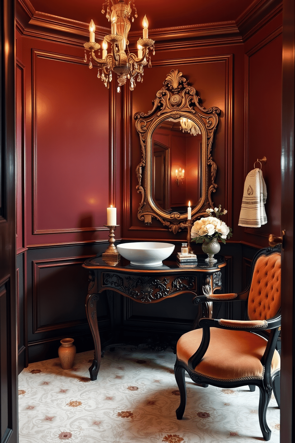 A luxury powder room featuring elegant antique furniture pieces that add character and charm. The room includes a vintage wooden console table with intricate carvings, paired with an ornate mirror that reflects the warm lighting. Rich, deep colors adorn the walls, complemented by a plush velvet chair and an antique chandelier hanging gracefully from the ceiling. A stylish sink with a gold faucet rests atop the console, surrounded by decorative accents like scented candles and fresh flowers.